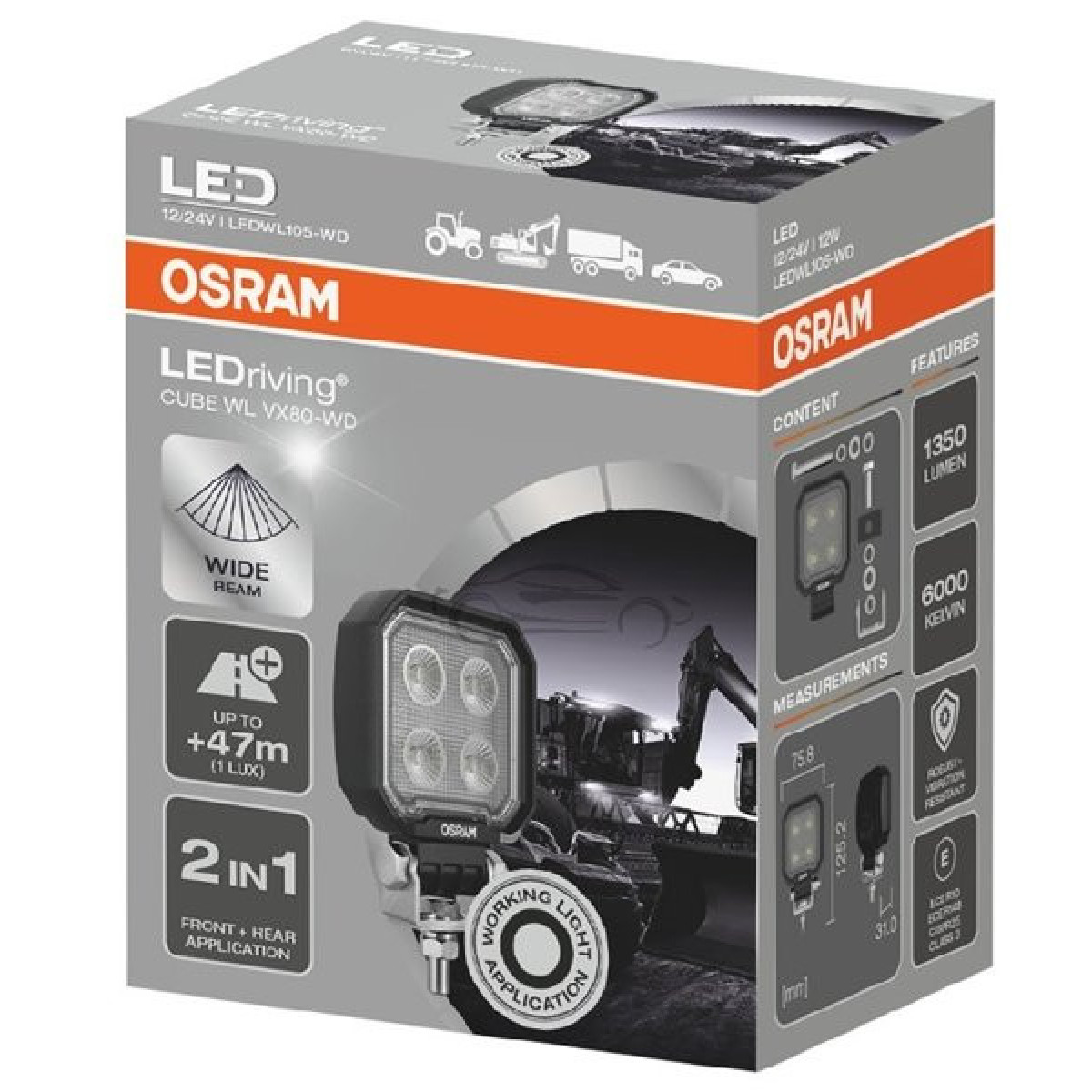 Osram LEDriving® kuupvalgusti, WL VX80-WD 12/24V 12W 47m, pikk valgusvihk, 1350lm