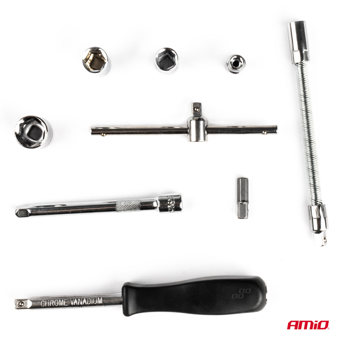 1/4" padrunvõtmete ja mutrivõtmete komplekt 46 osa, Cr-V, AMIO-03136