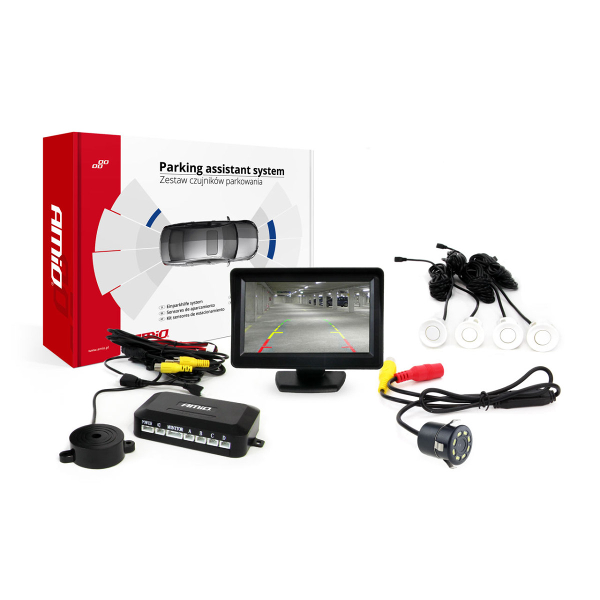 Parkimisandurite komplekt TFT01 4.3 koos CAM-308 LED-öise nägemisega kaameraga, 4 valget andurit 22 mm
