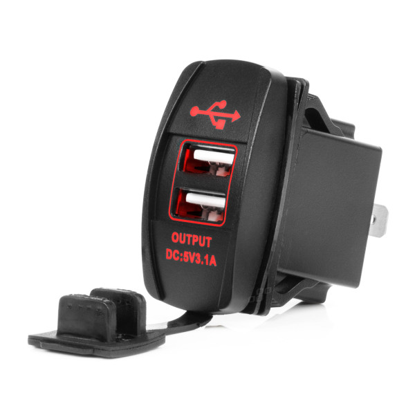 Veekindel telefonilaadija punase LED-valgustusega, 2xUSB 12/24V AMIO-04228