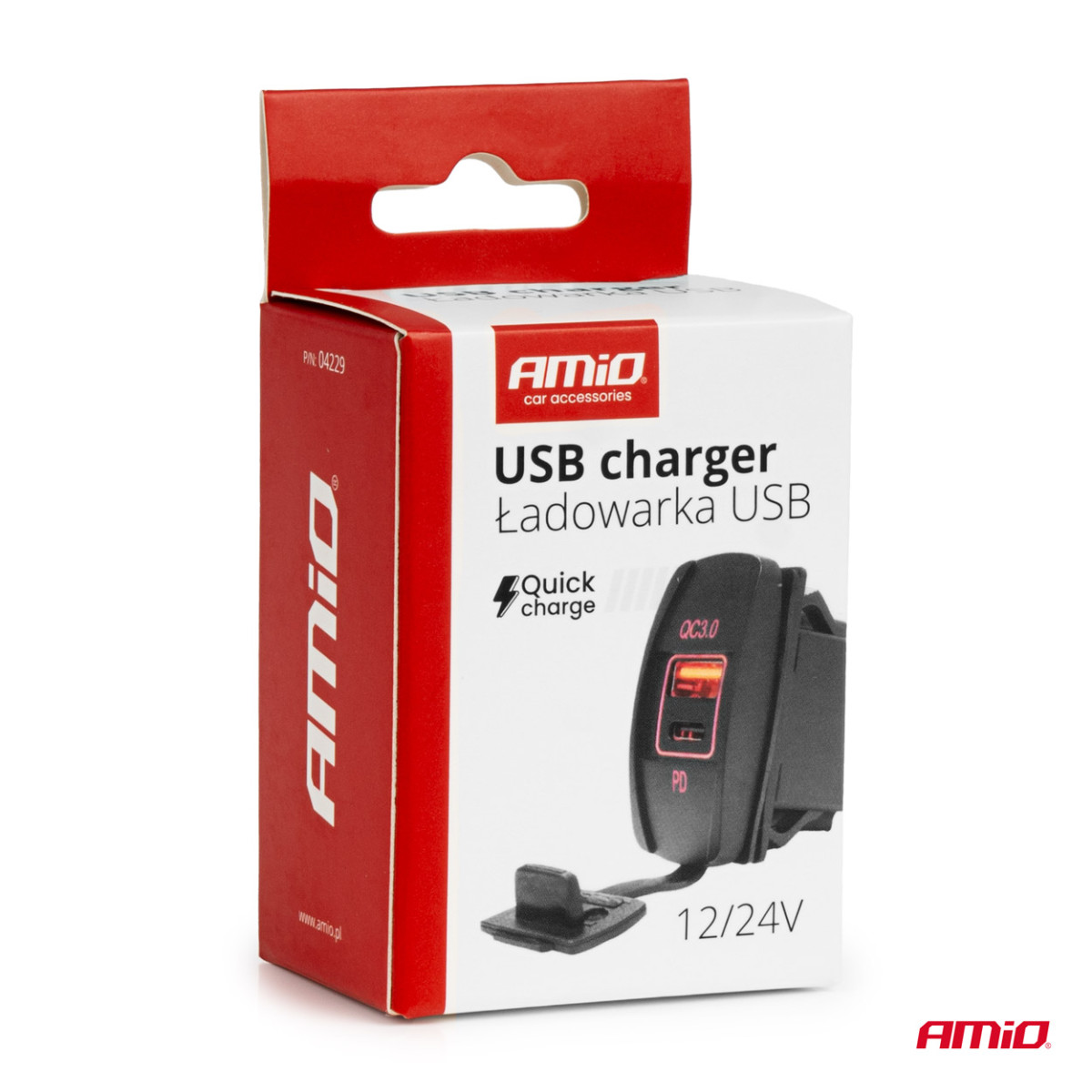 Veekindel telefonilaadija punase LED-valgustusega, USB + USB C QC3.0 12/24V AMIO-04229