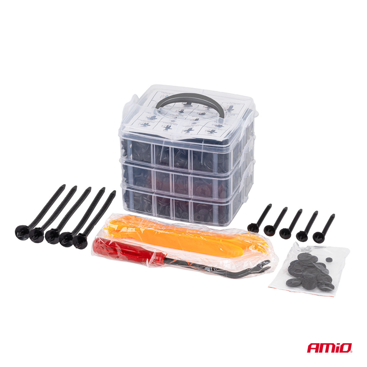 Autokonksude ja polstrihoidjate komplekt koos eemaldamisriistaga, 650 tk, AMIO-04433