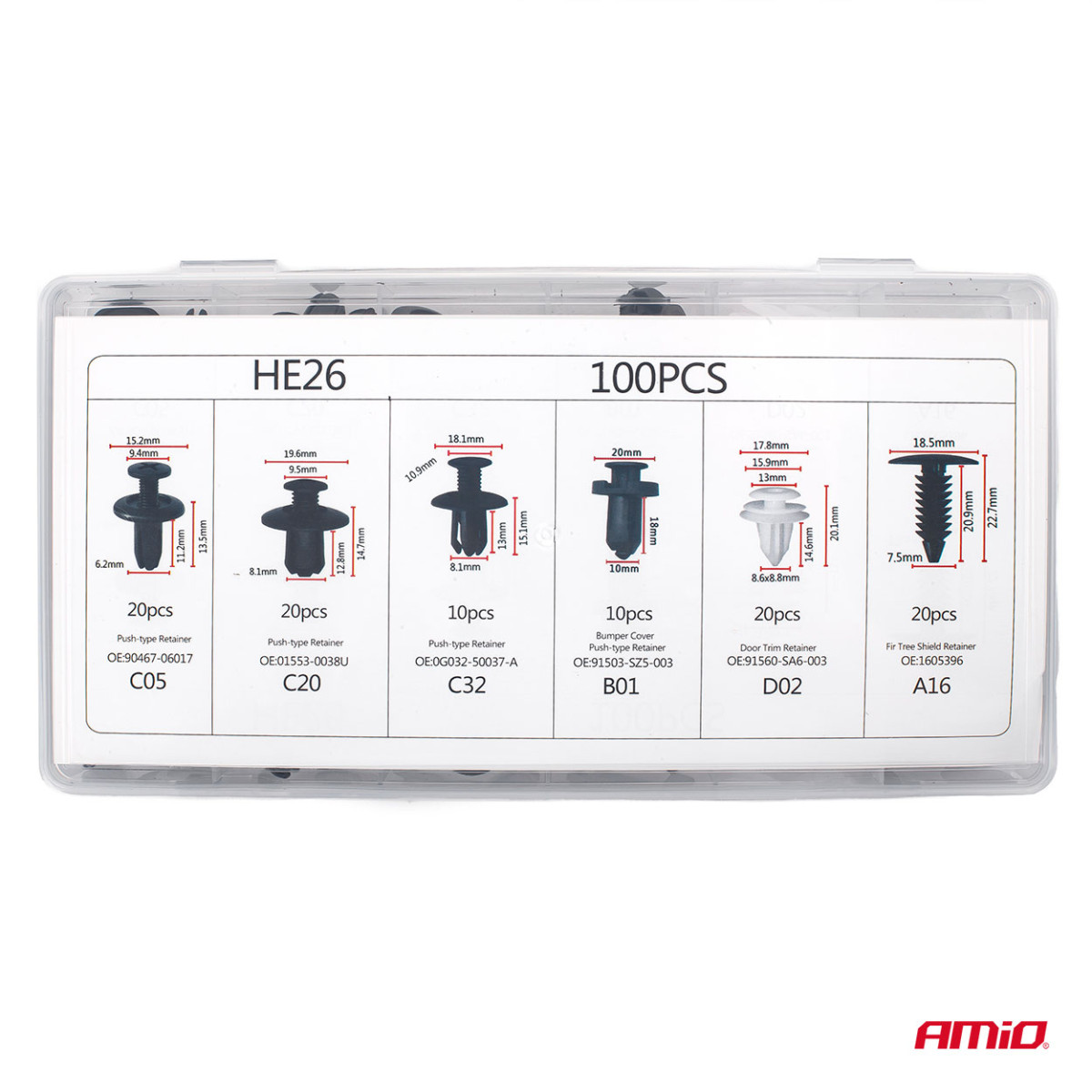 Autode kinnitustihvtide ja -klambrite komplekt, 100 tk, AMIO-02830