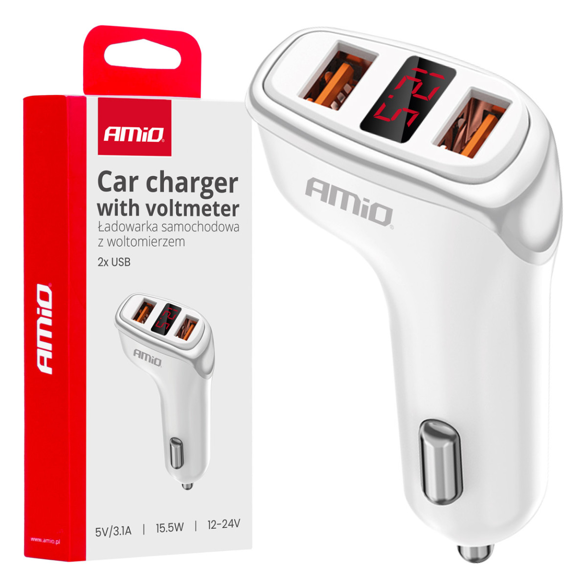 Autolaadija 2x USB-A + akulaadija 3.1A 12/24V AMiO-03887