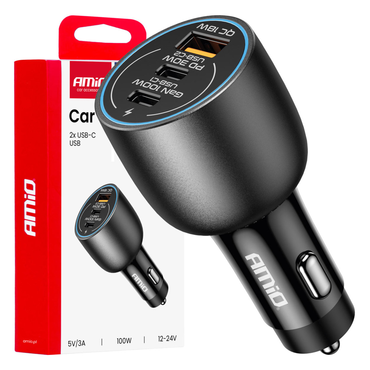 Autolaadija 2x USB-C + USB-A 12/24V 100W AMIO-04371