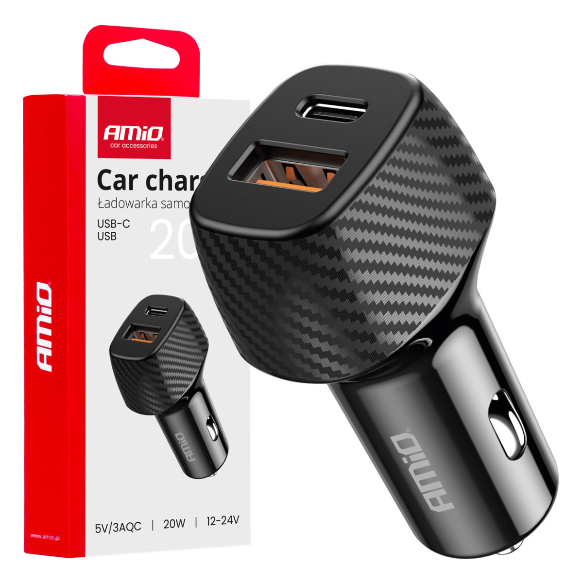 Autolaadija QC+PD 20W USB-A + USB-C AMIO-04282