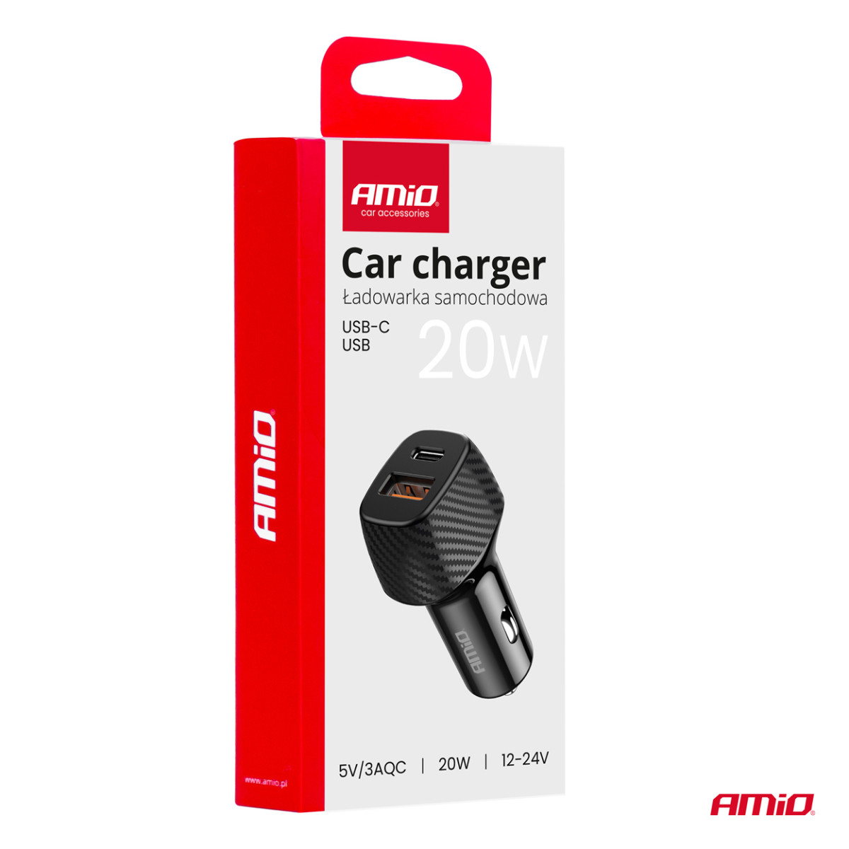 Autolaadija QC+PD 20W USB-A + USB-C AMIO-04282
