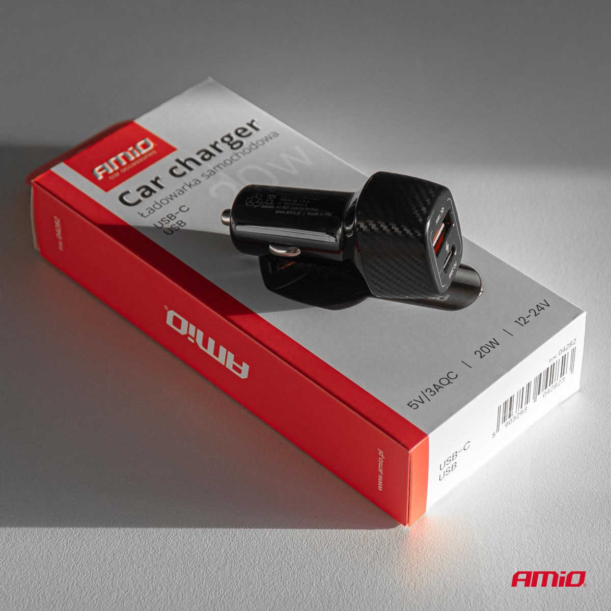 Autolaadija QC+PD 20W USB-A + USB-C AMIO-04282