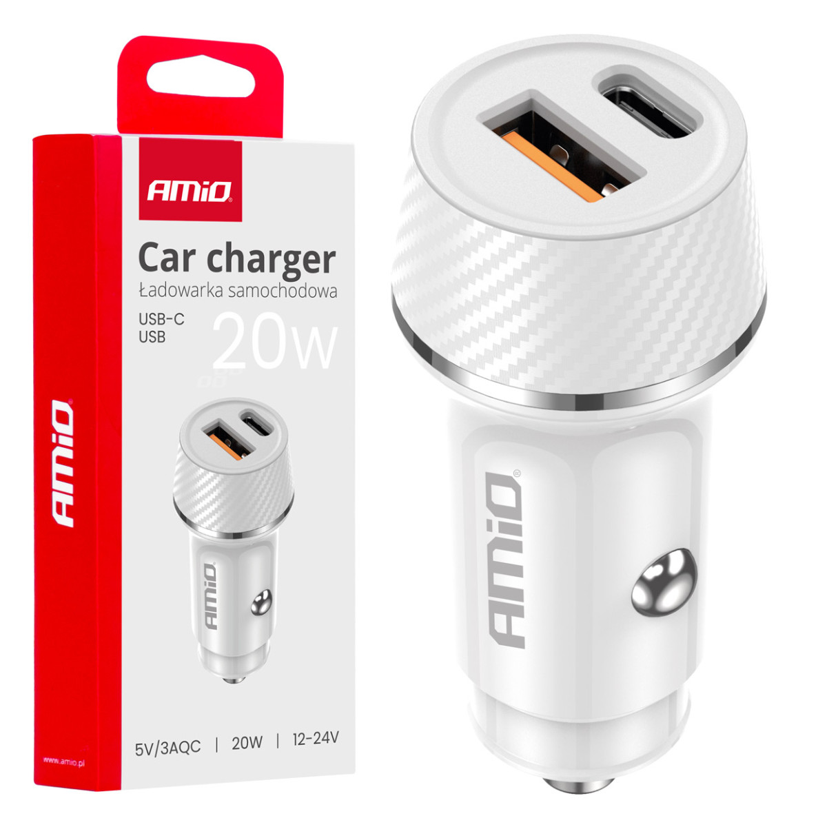 Autolaadija USB-A + USB-C 20W 12/24V AMiO-03878