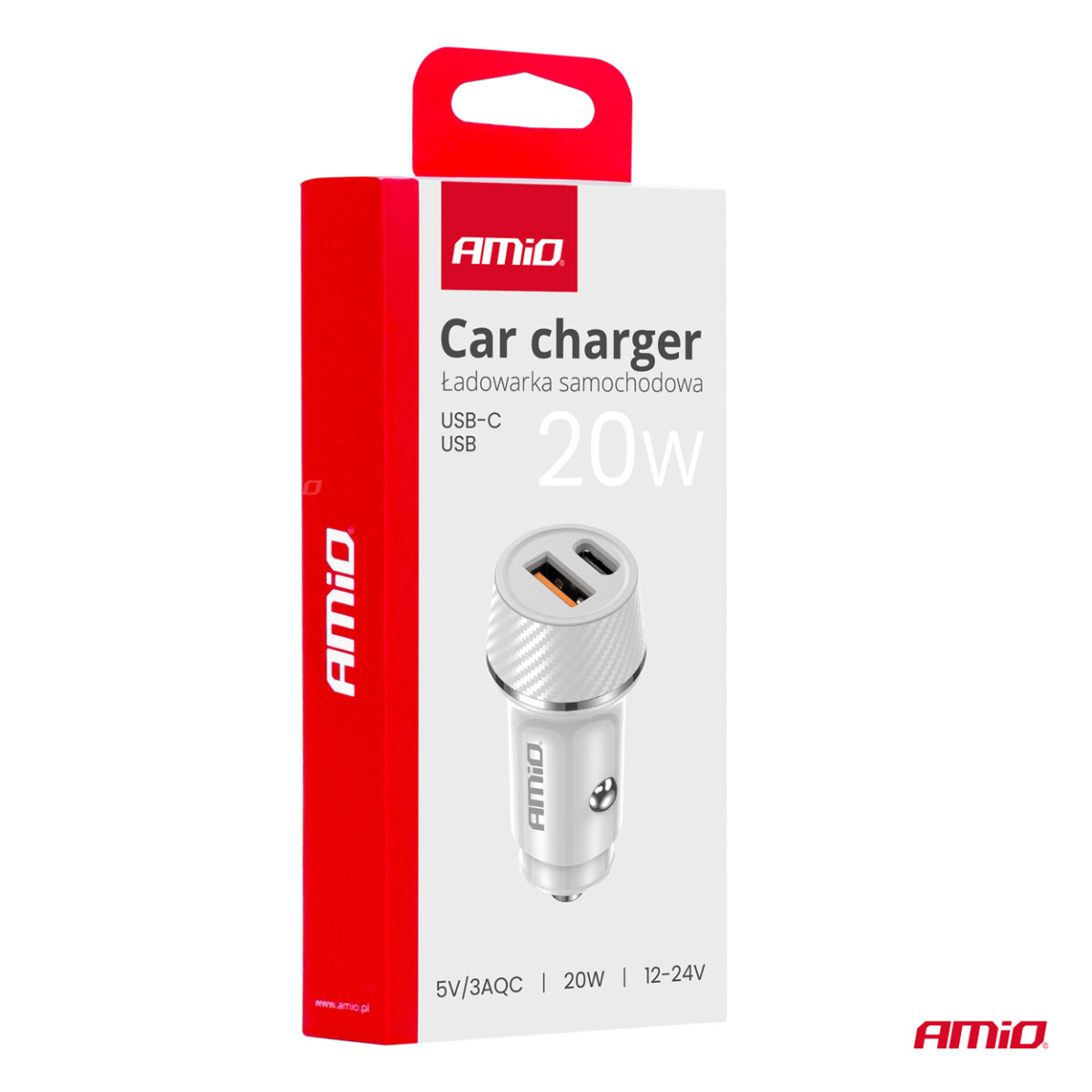 Autolaadija USB-A + USB-C 20W 12/24V AMiO-03878