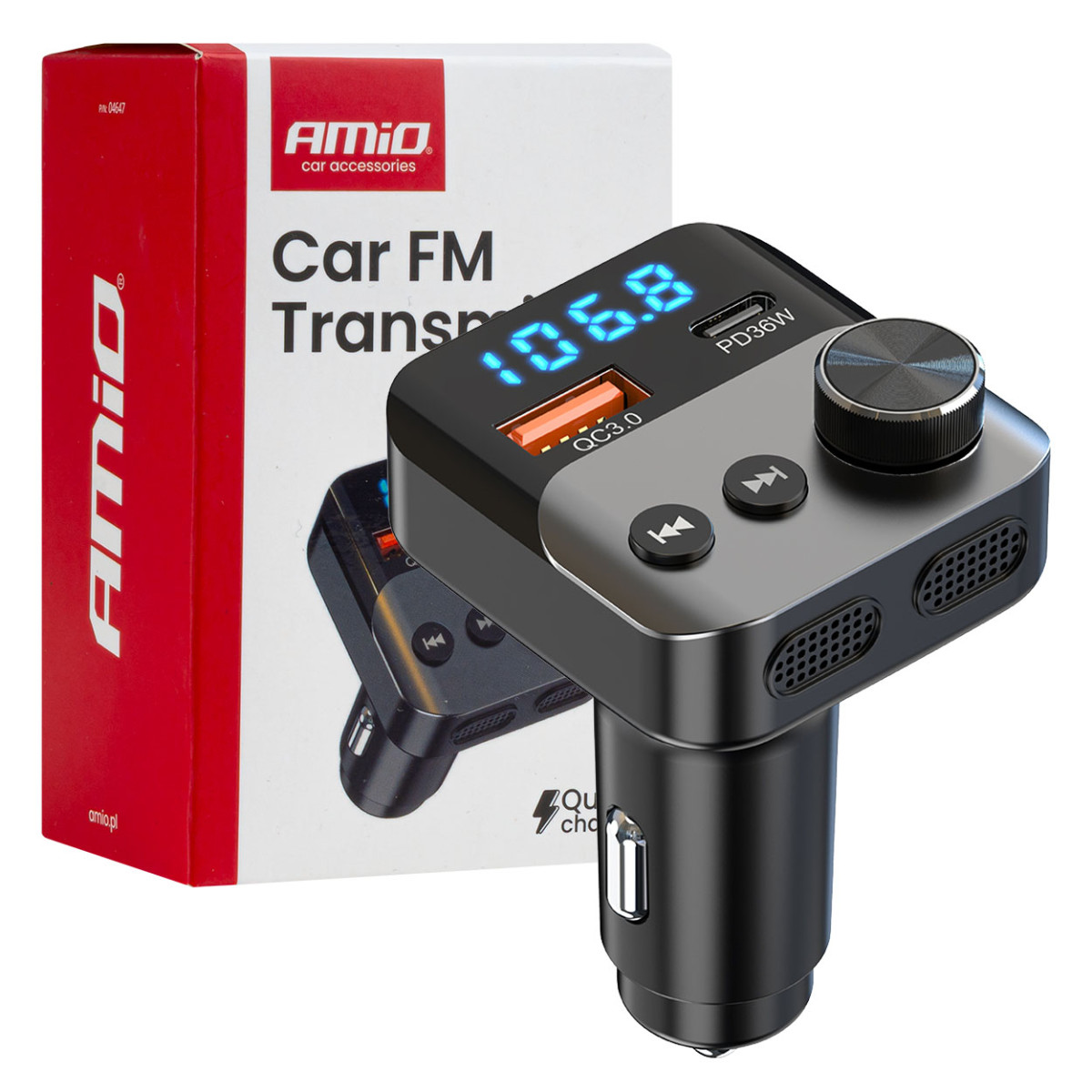 Auto FM-saatja, 1×USB-A 1×USB-C 12V 24V AMIO-04647