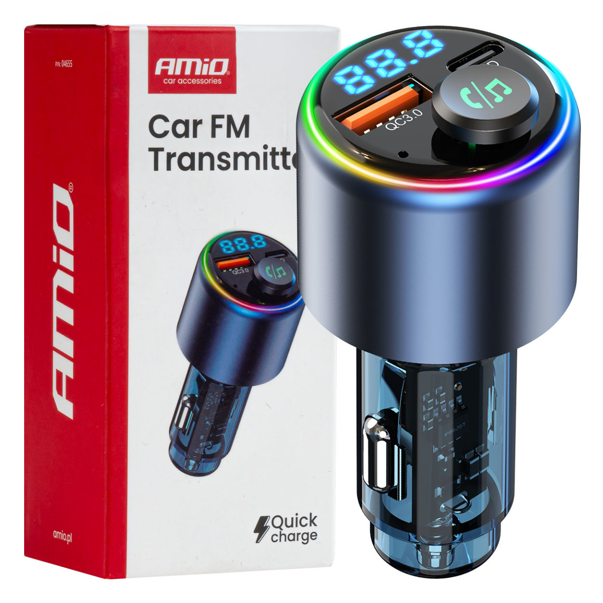 Auto FM-saatja, 1×USB-A 1×USB-C 12V 24V AMIO-04655