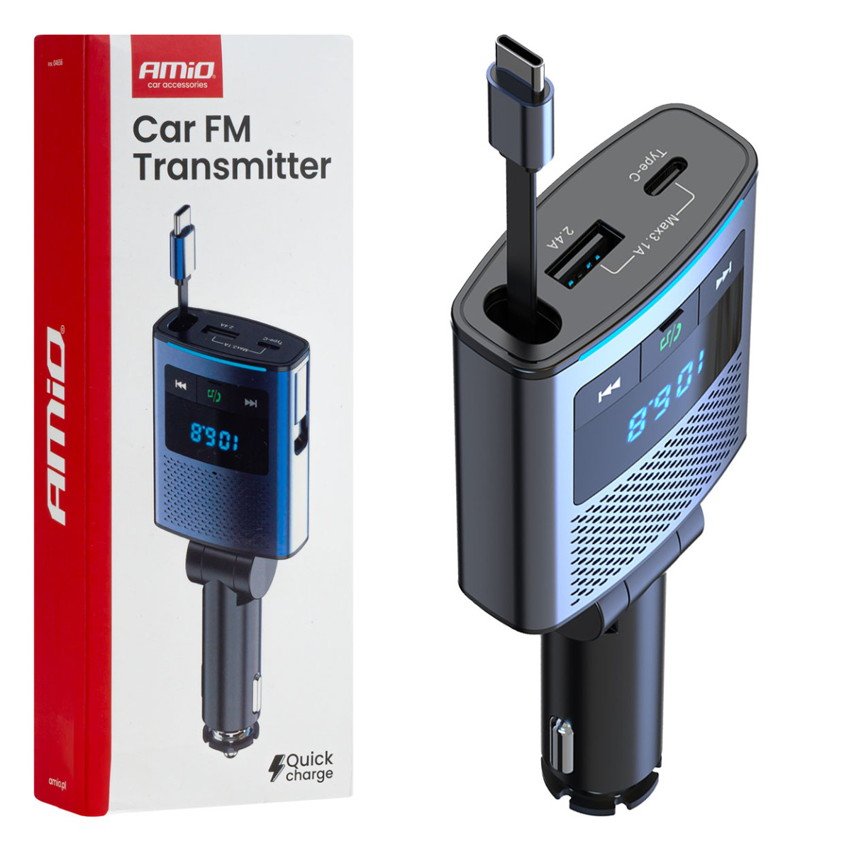Auto FM-saatja, 1×USB-A 1×USB-C 12V 24V AMIO-04656