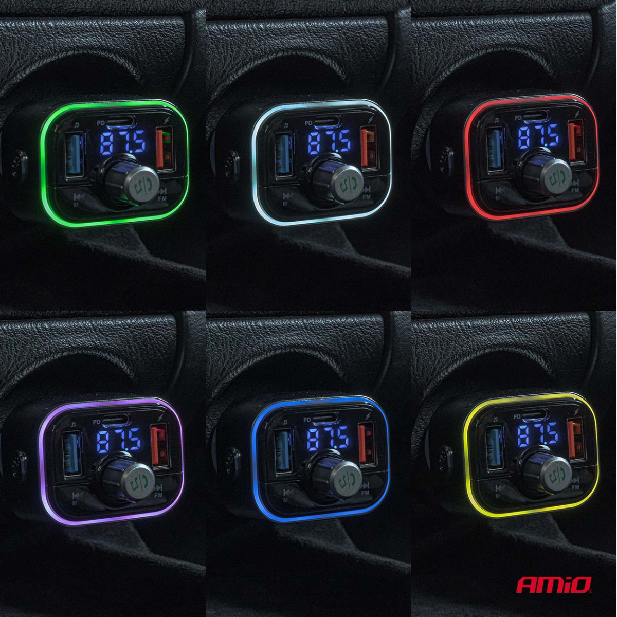 Auto FM-saatja, FM 2×USB-A 1×USB-C microSD 12V 24V AMIO-04652