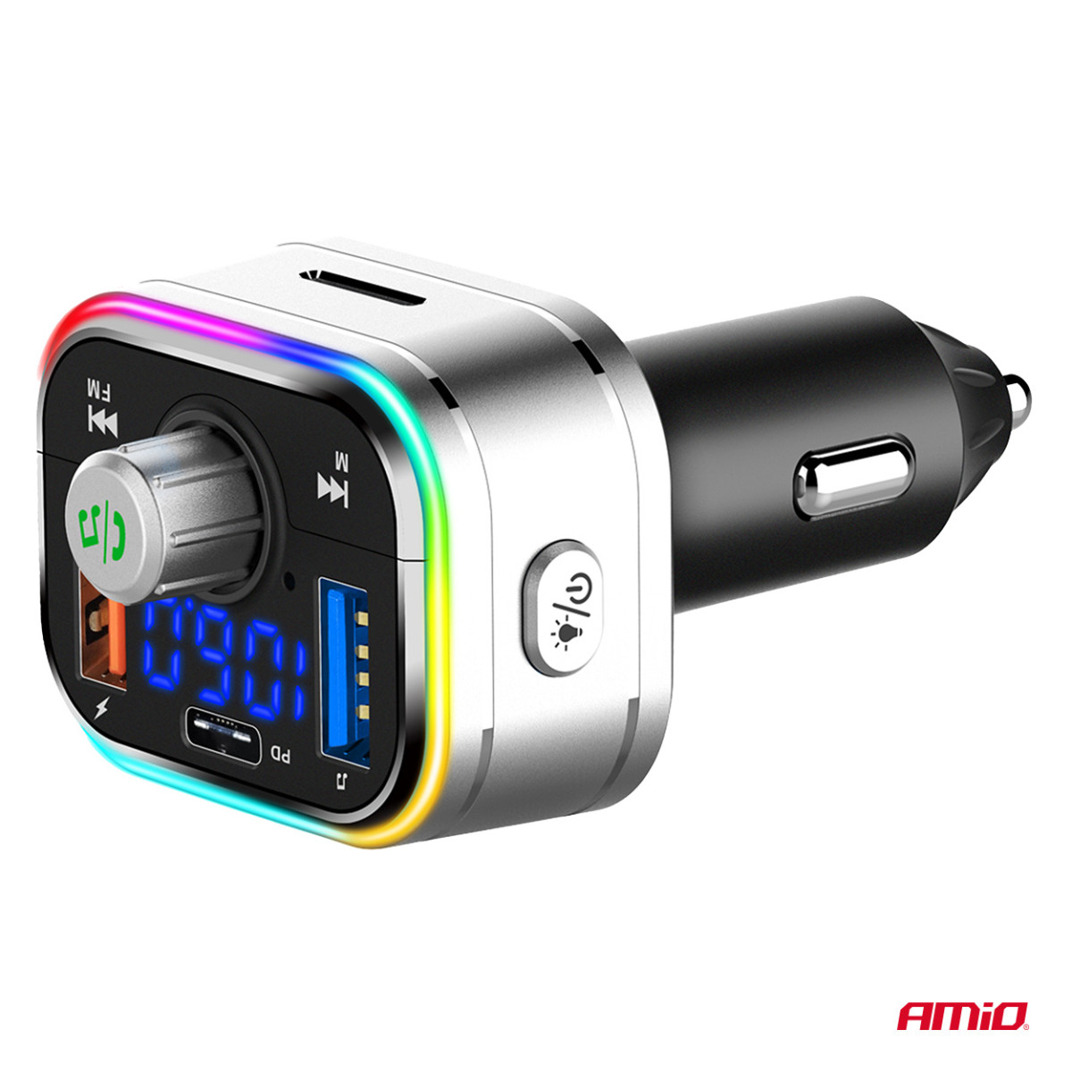 Auto FM-saatja, FM 2×USB-A 1×USB-C microSD 12V 24V AMIO-04652