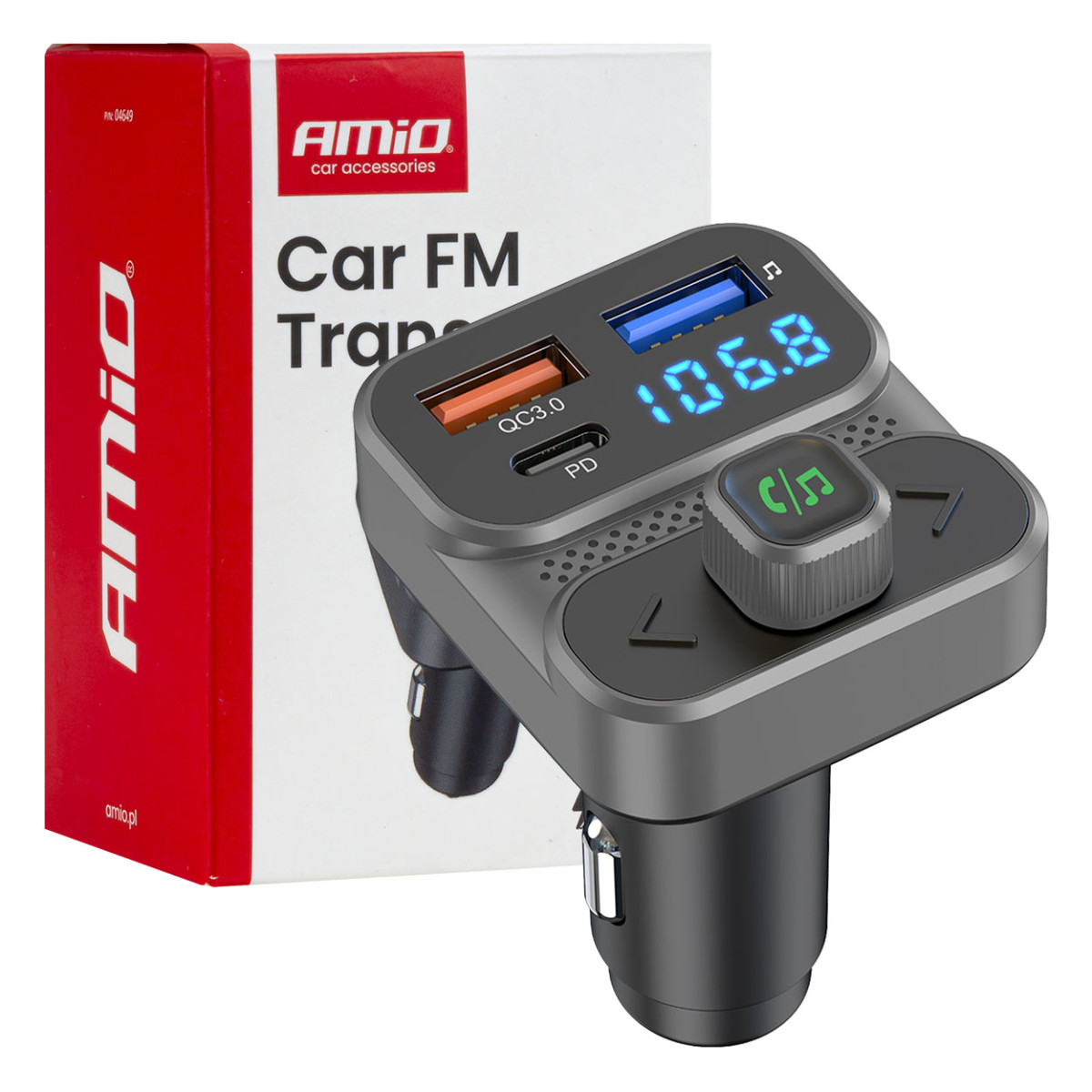 Auto FM-saatja, 2×USB-A 1×USB-C 12V 24V AMIO-04649