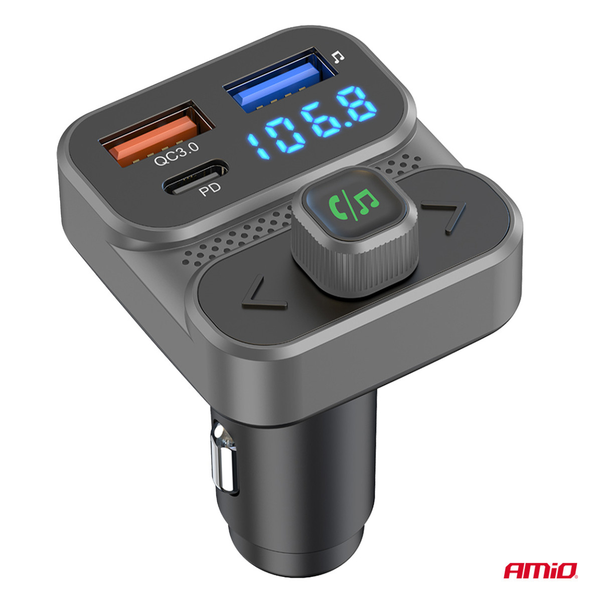 Auto FM-saatja, 2×USB-A 1×USB-C 12V 24V AMIO-04649