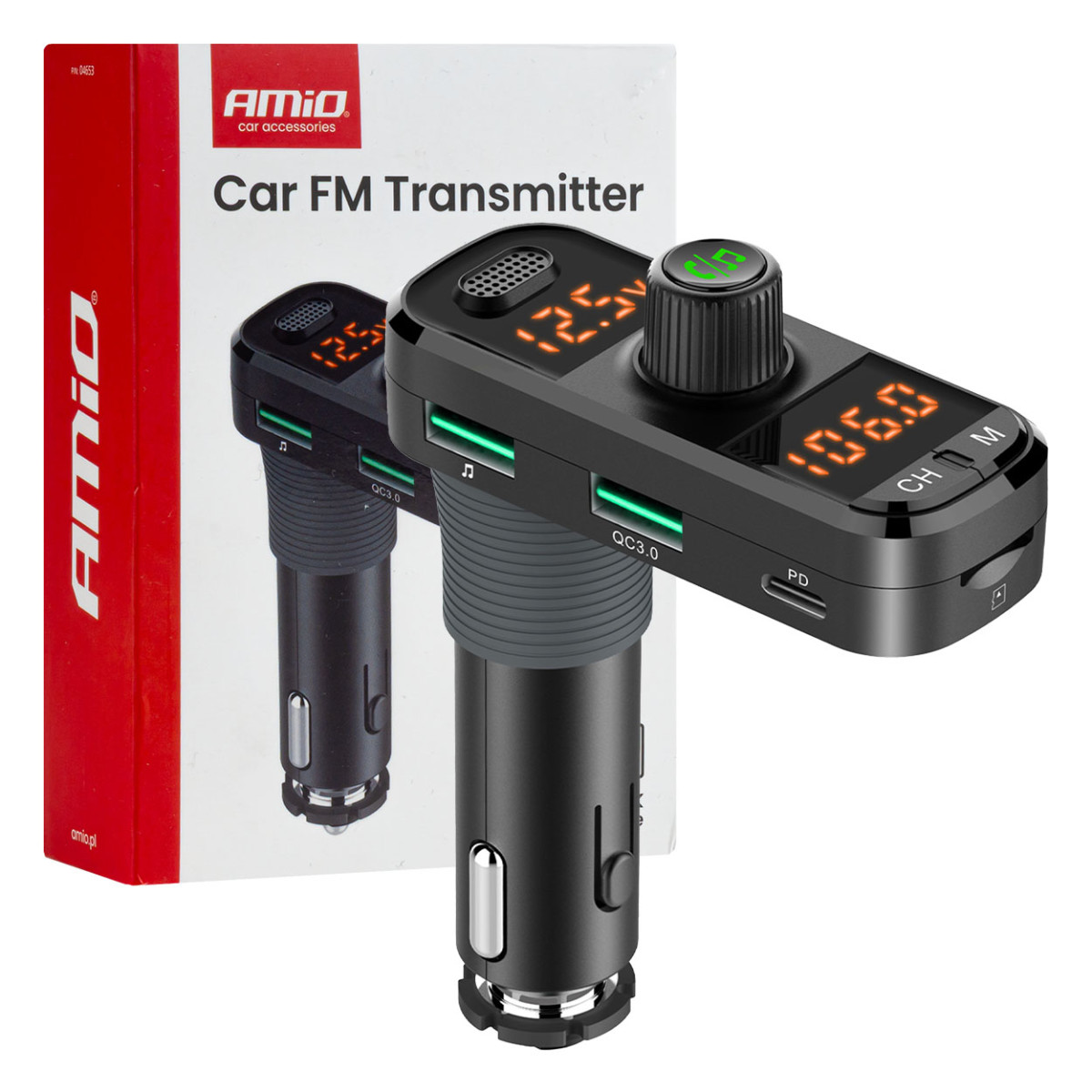 Auto FM-saatja, 2×USB-A 1×USB-C microSD 12V 24V AMIO-04653