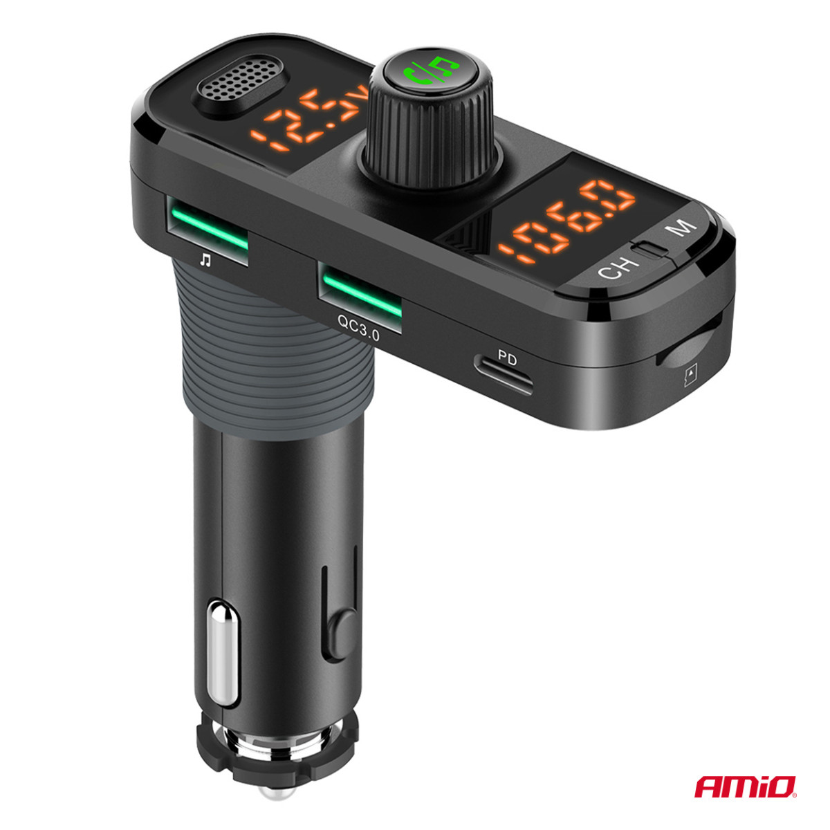 Auto FM-saatja, 2×USB-A 1×USB-C microSD 12V 24V AMIO-04653