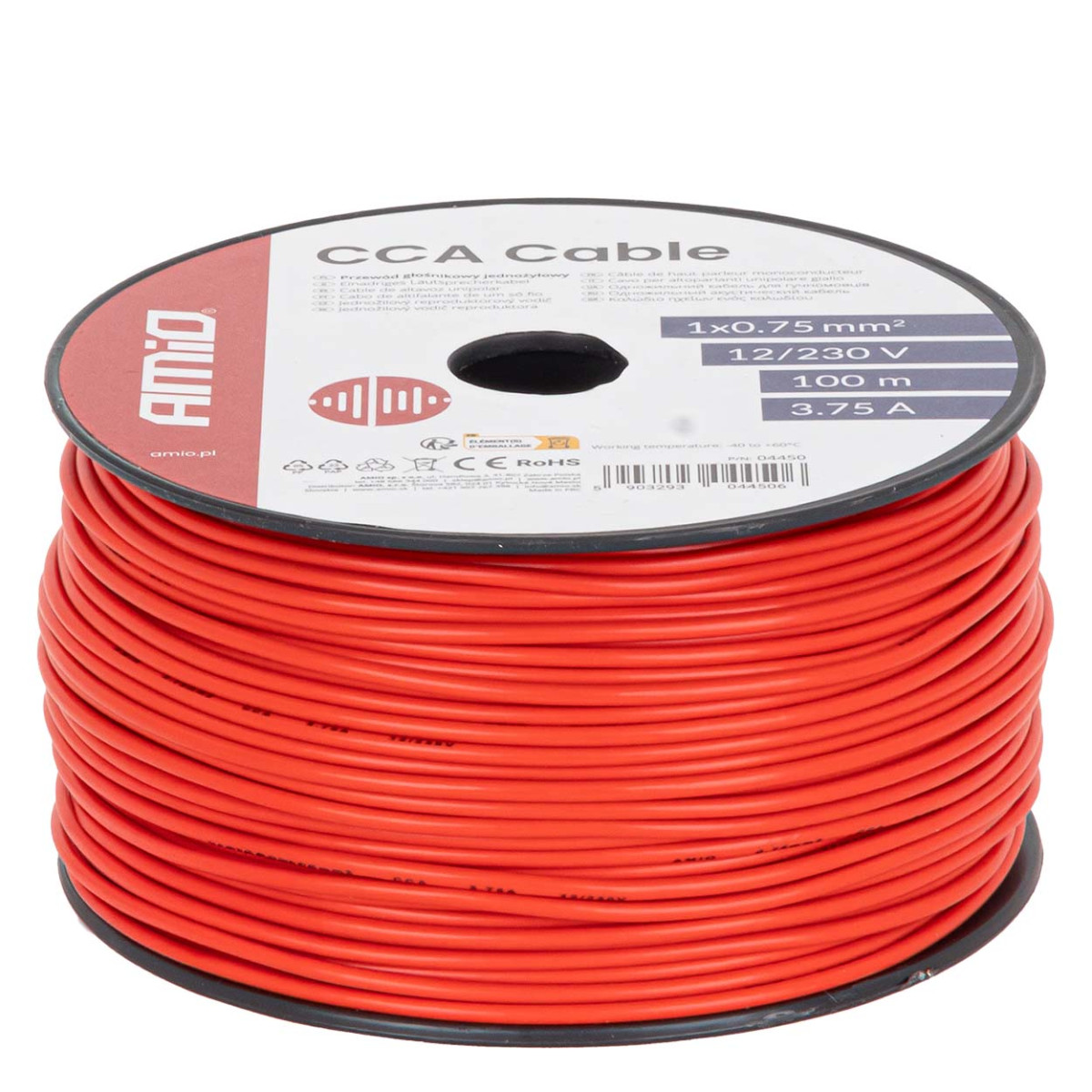 Ühesooneline CCA kaabel, punane, 1x0,75mm² 100m 3,75A 12/230V AMIO-04450