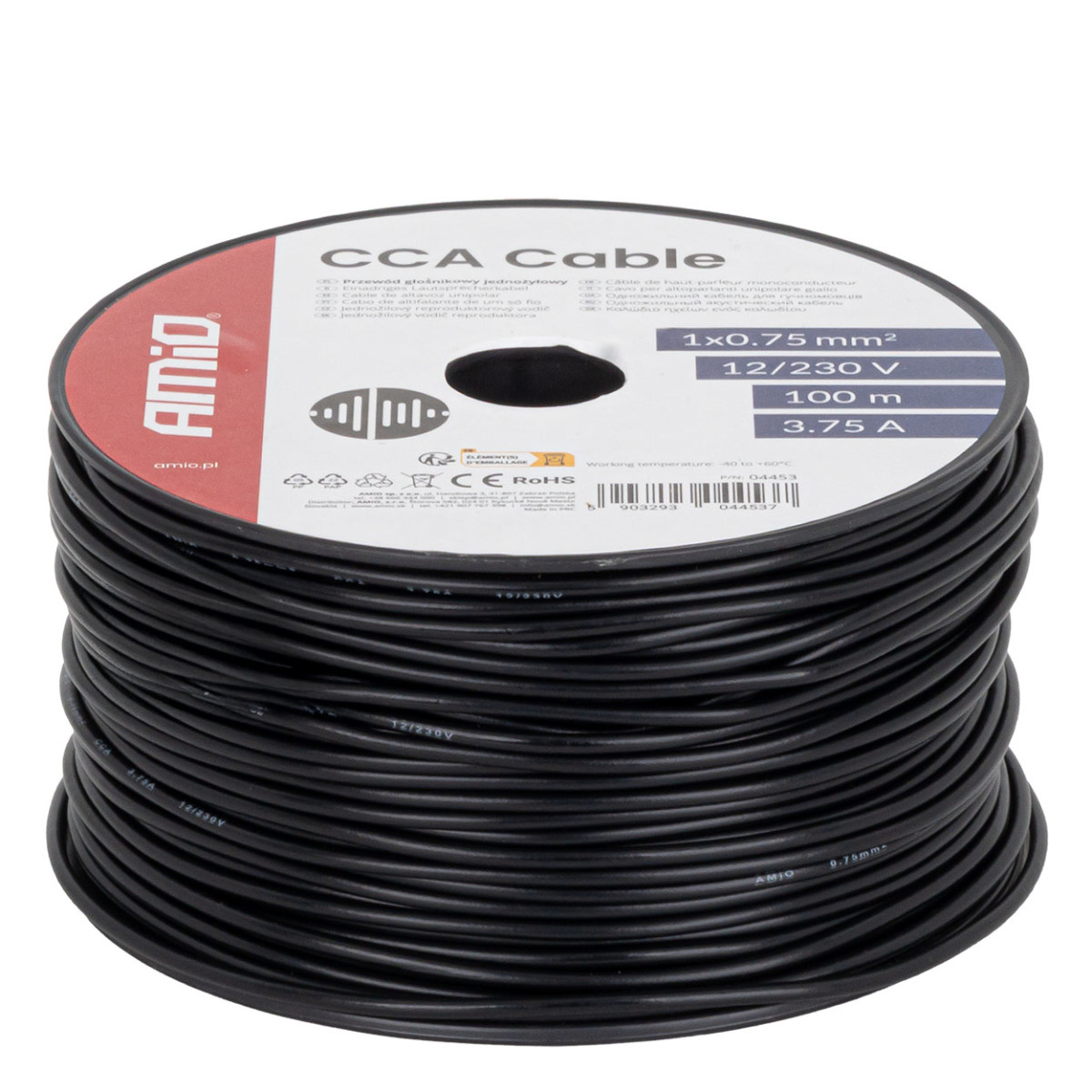 Ühesooneline CCA-kaabel, must, 1x0,75 mm² 100 m 12/230V AMIO-04453