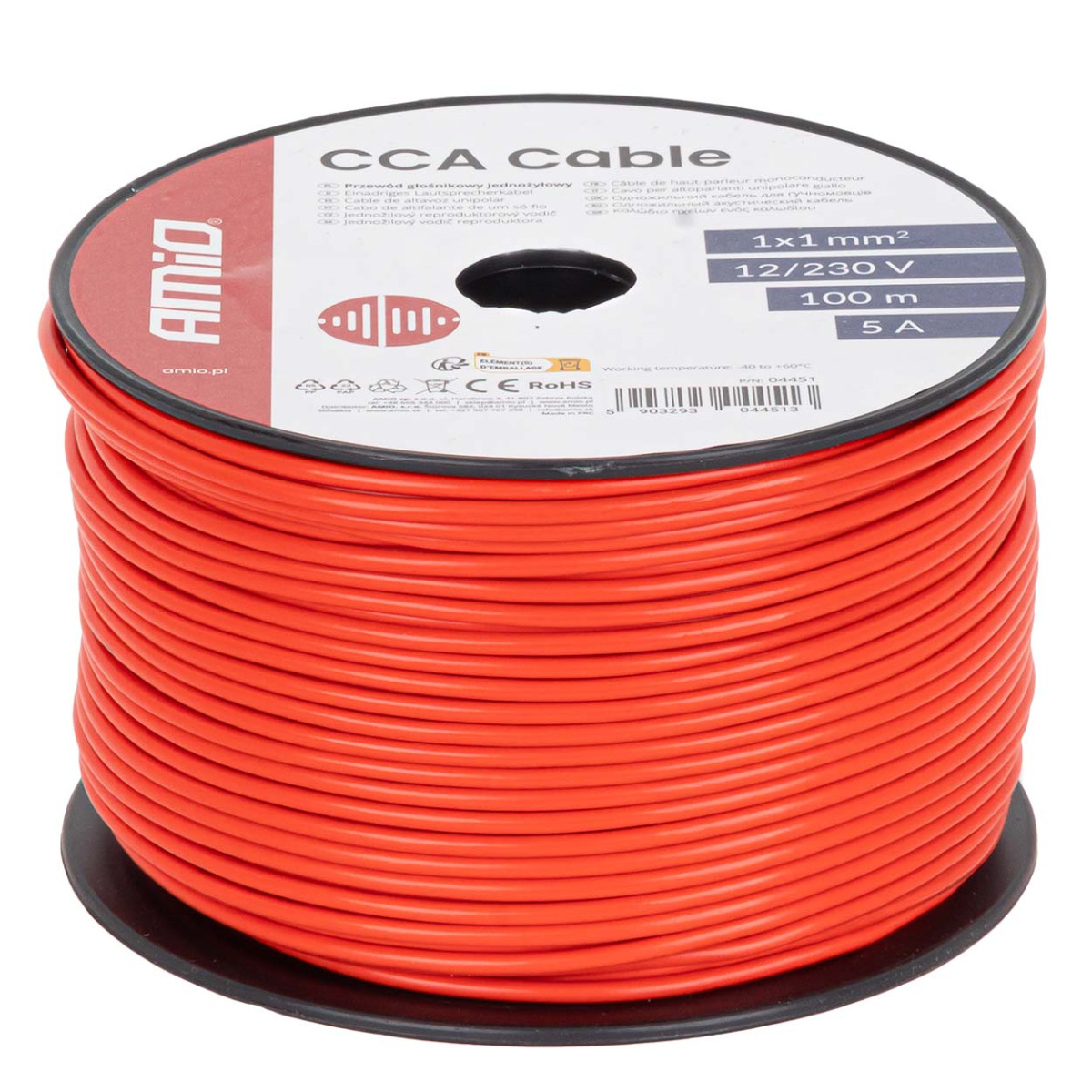 Ühesooneline CCA kaabel, punane, 1x1mm² 100m 5A 12/230V AMIO-04451