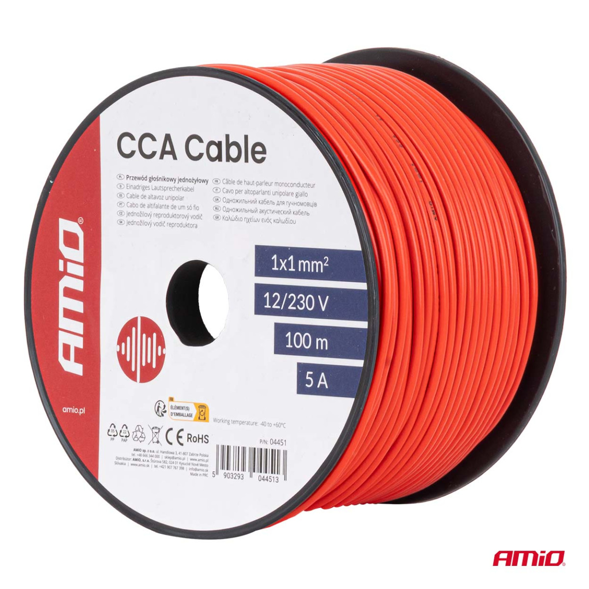Ühesooneline CCA kaabel, punane, 1x1mm² 100m 5A 12/230V AMIO-04451