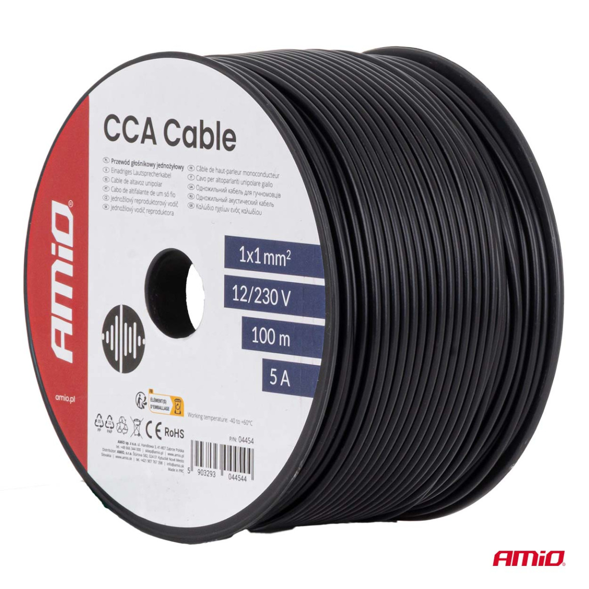 Ühesooneline CCA kaabel, must, 1x1mm² 100m 5A 12/230V AMIO-04454