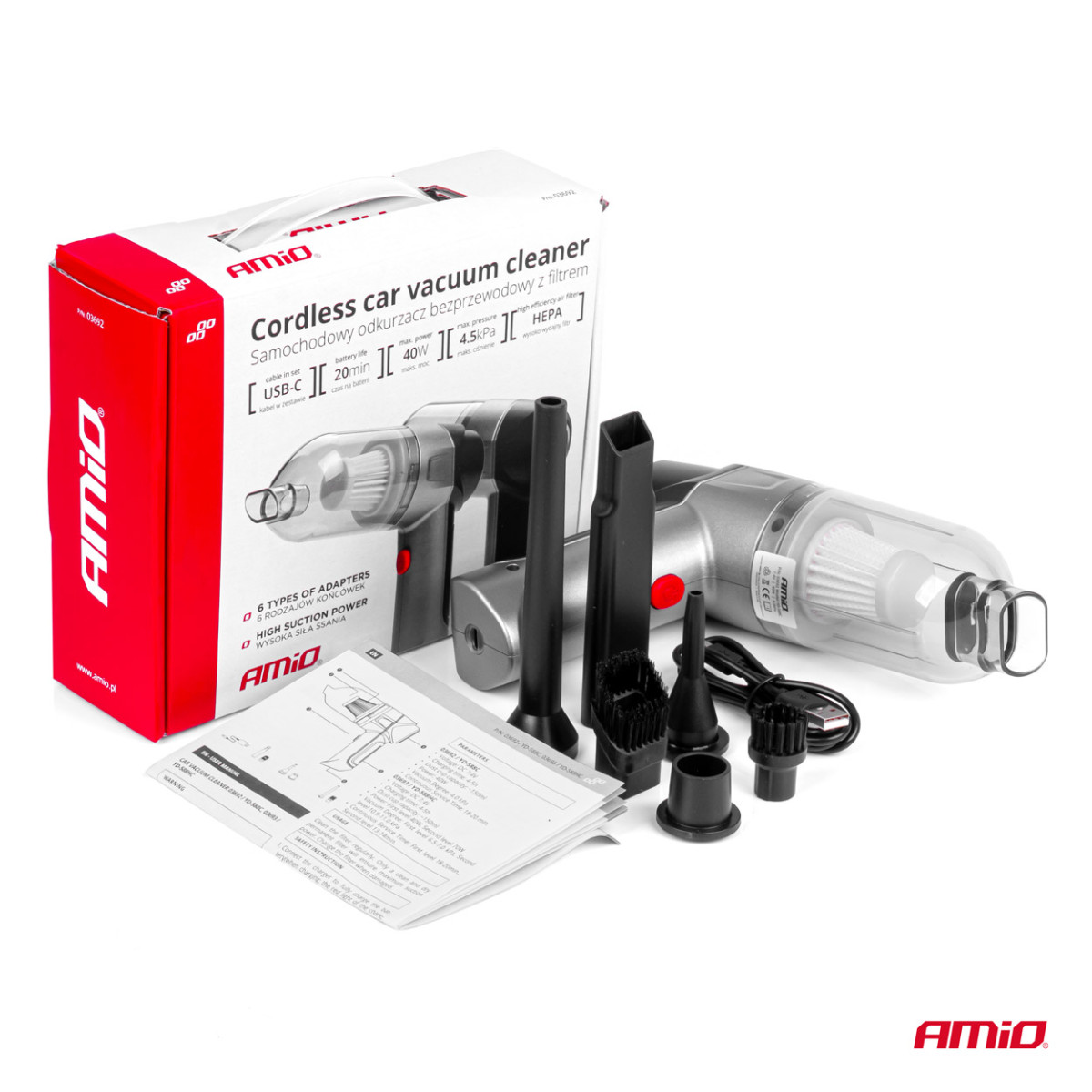 Juhtmeta autotolmuimeja 40 W, 4000 mAh, HEPA filtriga, 4,5 kPa AMiO-03692