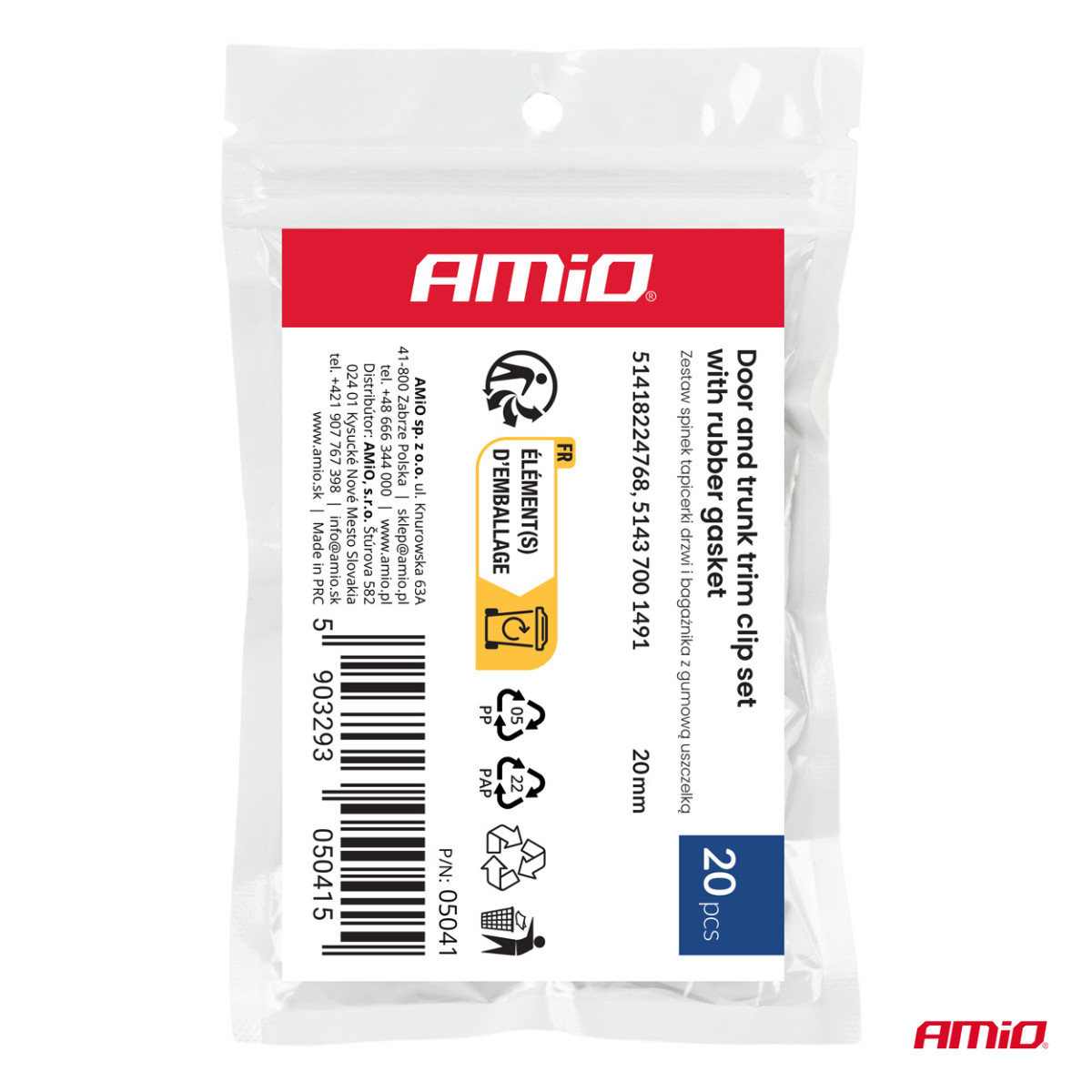 Ukse- ja pagasiruumi polstri klambrite komplekt kummitihendiga 20 mm, 20 tk, AMIO-05041