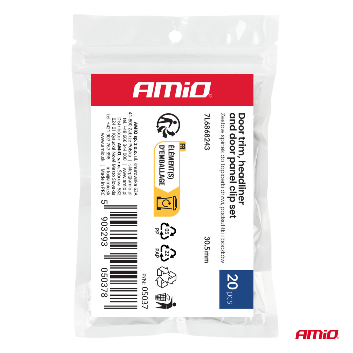 Ukse polstri, laepolstri ja küljepaneelide klambrite komplekt 30,5 mm, 20 tk, AMIO-05037