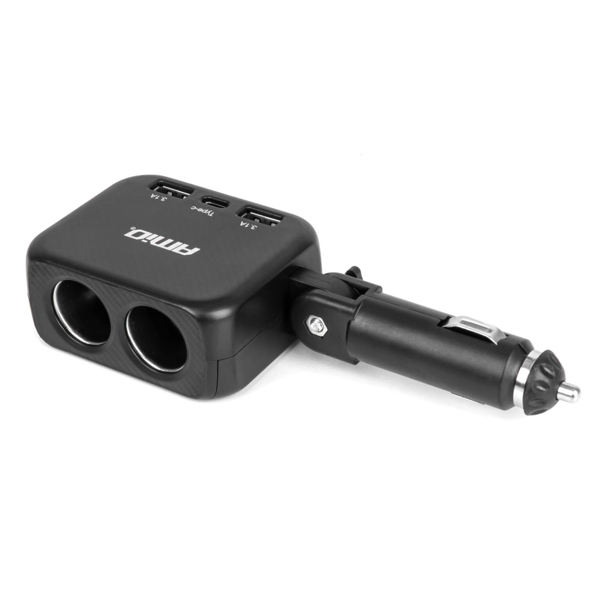 Kahe pesaga sigaretisüütaja pikendusjuhe laadijaga 2×USB-A + USB-C 12/24V 100W 180° AMIO-04357