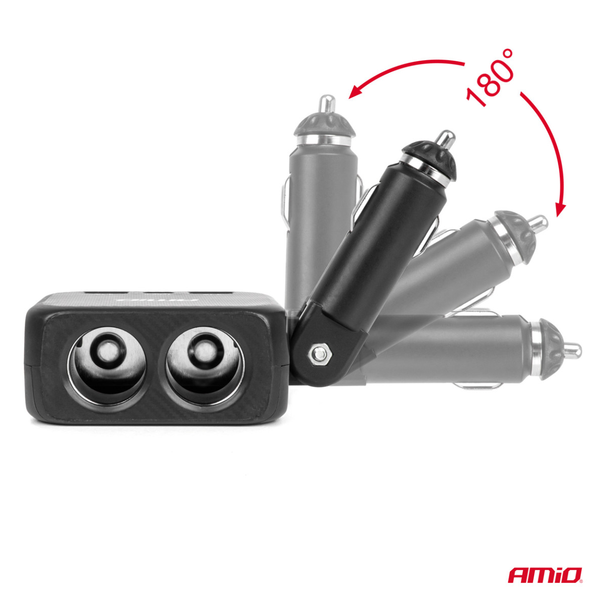 Kahe pesaga sigaretisüütaja pikendusjuhe laadijaga 2×USB-A + USB-C 12/24V 100W 180° AMIO-04357