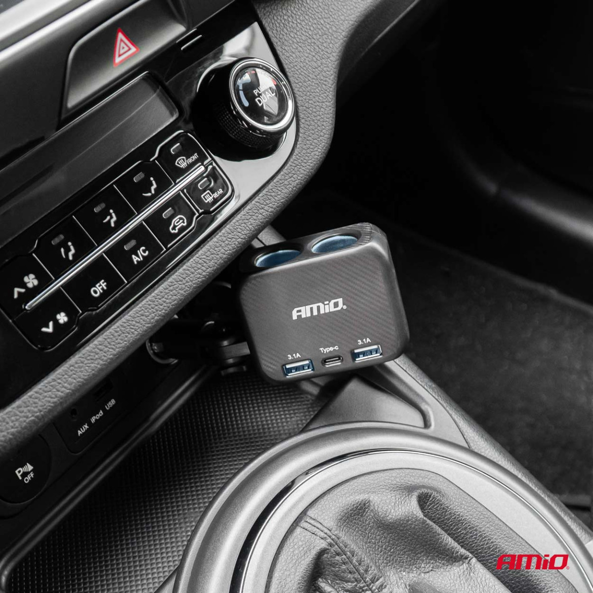 Kahe pesaga sigaretisüütaja pikendusjuhe laadijaga 2×USB-A + USB-C 12/24V 100W 180° AMIO-04357