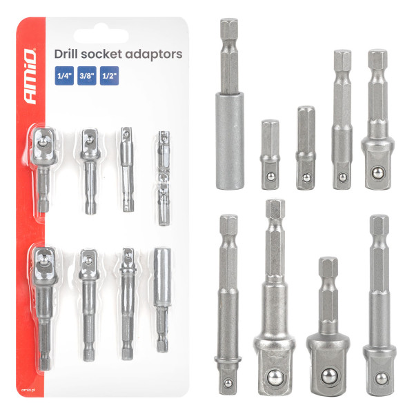 Kruvikeeraja padrunvõtmete adapterite komplekt, 1/4" HEX, 1/4" / 3/8" / 1/2", 9 tk, AMIO-04931 Kruvikeeraja padrunvõtmete adapterite komplekt, 1/4" HEX, 1/4" / 3/8" / 1/2", 9 tk, AMIO-04931