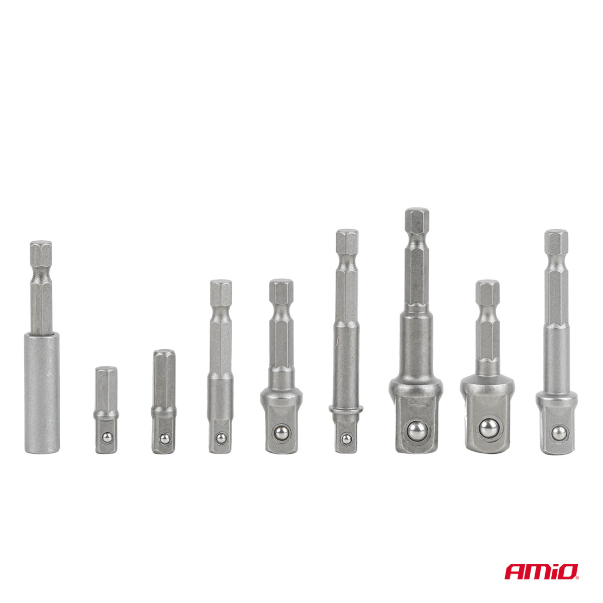 Kruvikeeraja padrunvõtmete adapterite komplekt, 1/4" HEX, 1/4" / 3/8" / 1/2", 9 tk, AMIO-04931