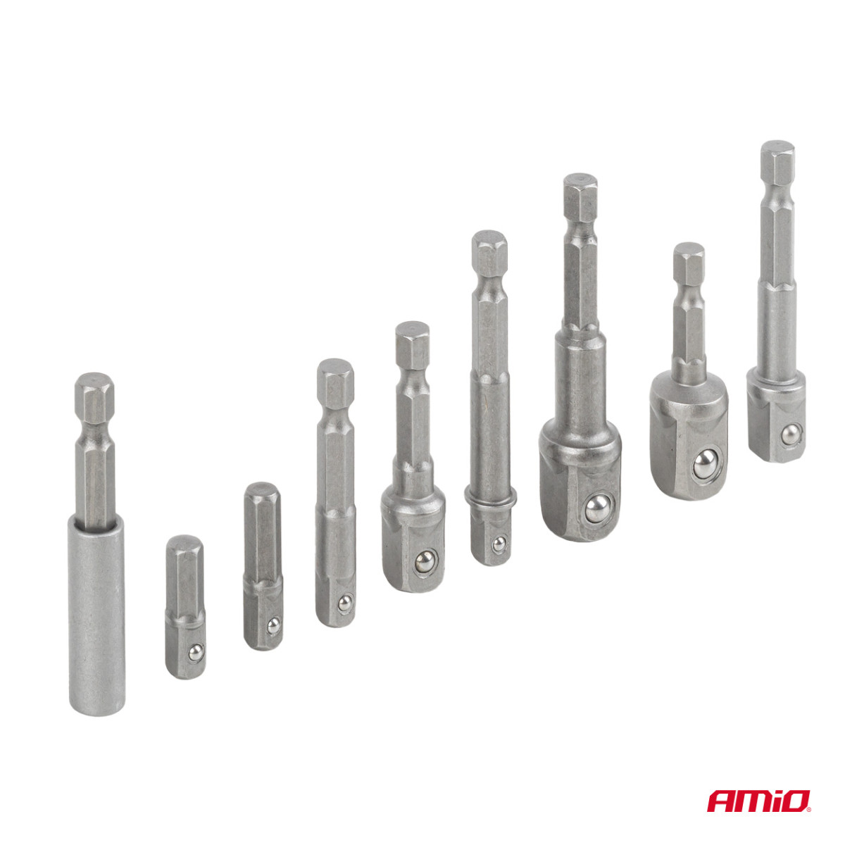Kruvikeeraja padrunvõtmete adapterite komplekt, 1/4" HEX, 1/4" / 3/8" / 1/2", 9 tk, AMIO-04931