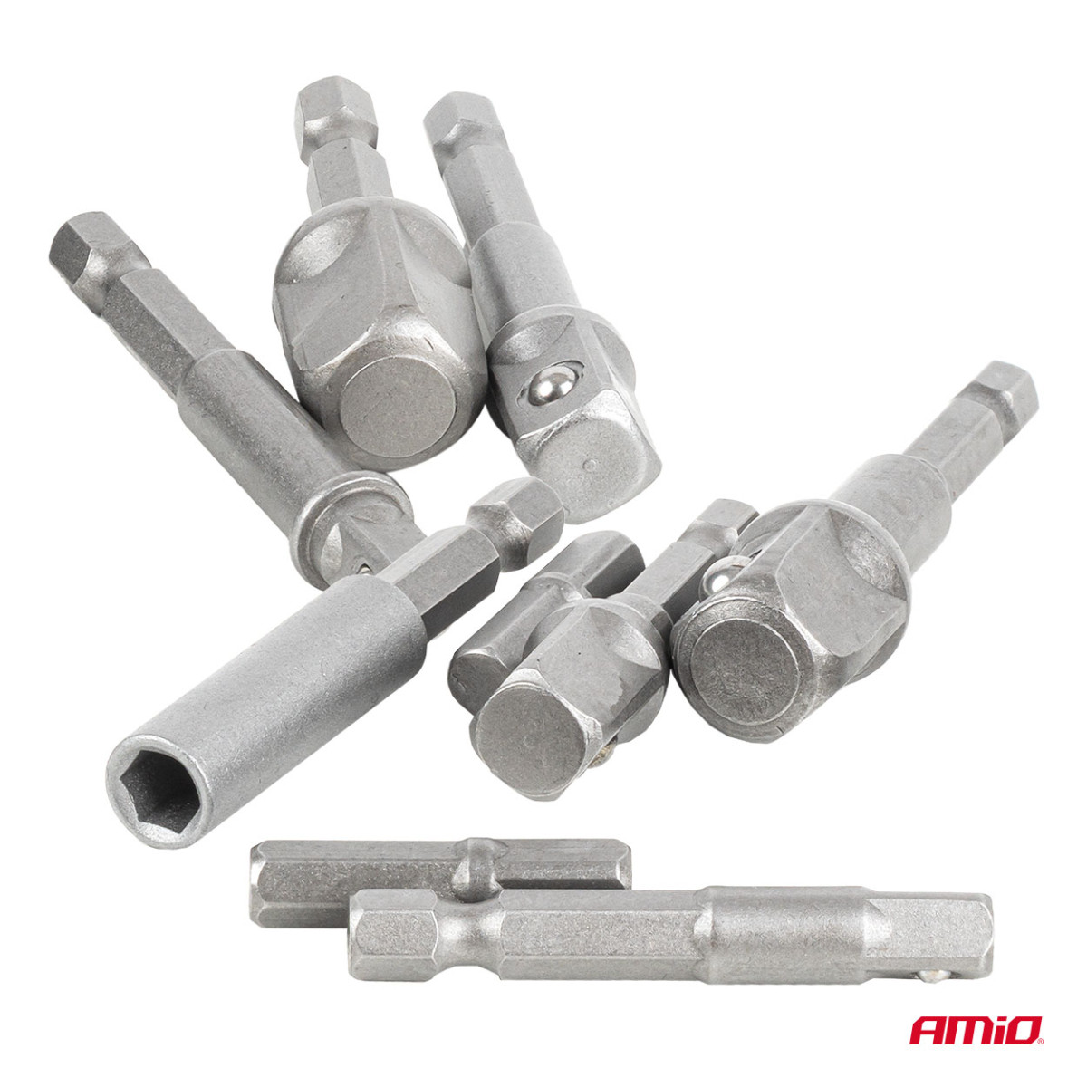 Kruvikeeraja padrunvõtmete adapterite komplekt, 1/4" HEX, 1/4" / 3/8" / 1/2", 9 tk, AMIO-04931