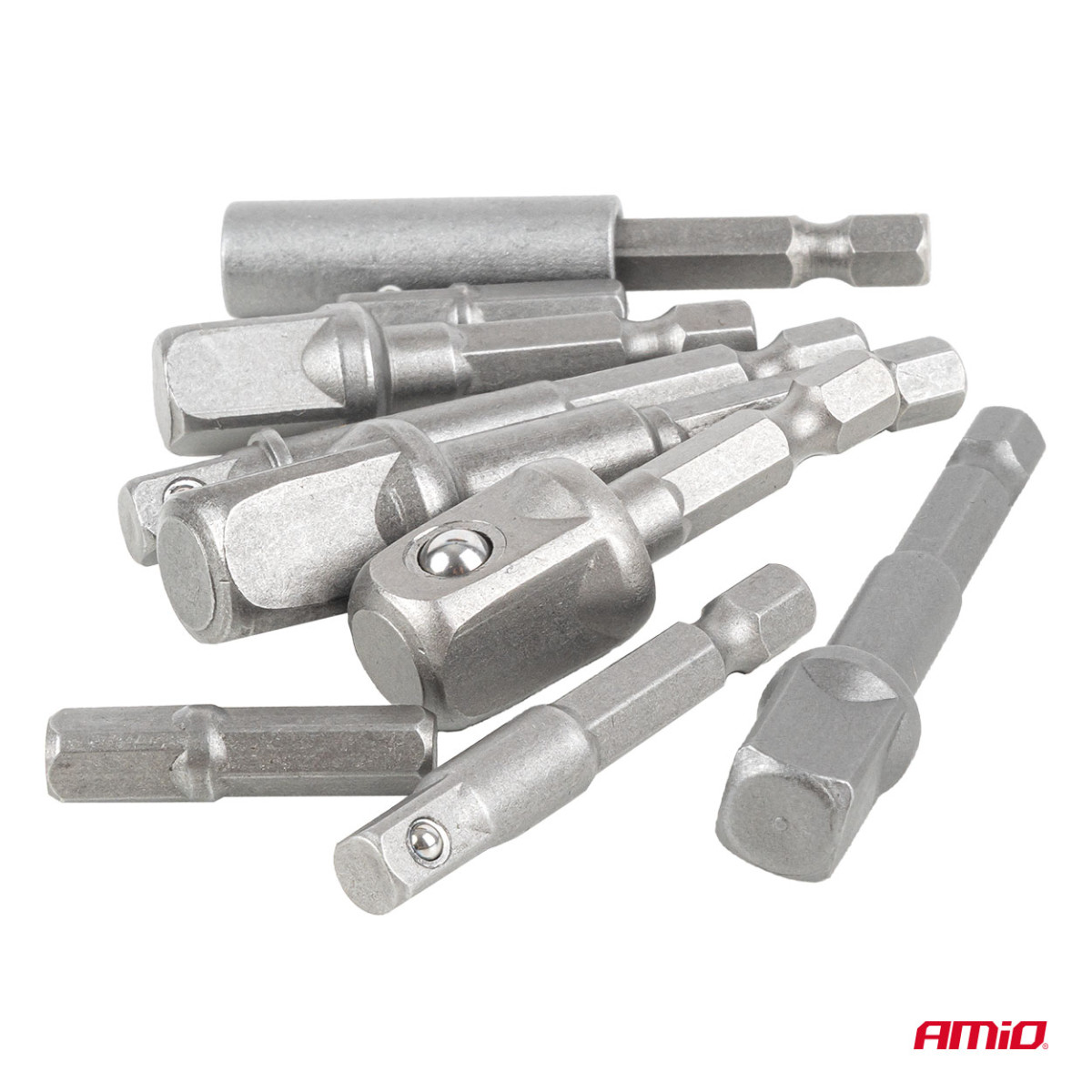Kruvikeeraja padrunvõtmete adapterite komplekt, 1/4" HEX, 1/4" / 3/8" / 1/2", 9 tk, AMIO-04931