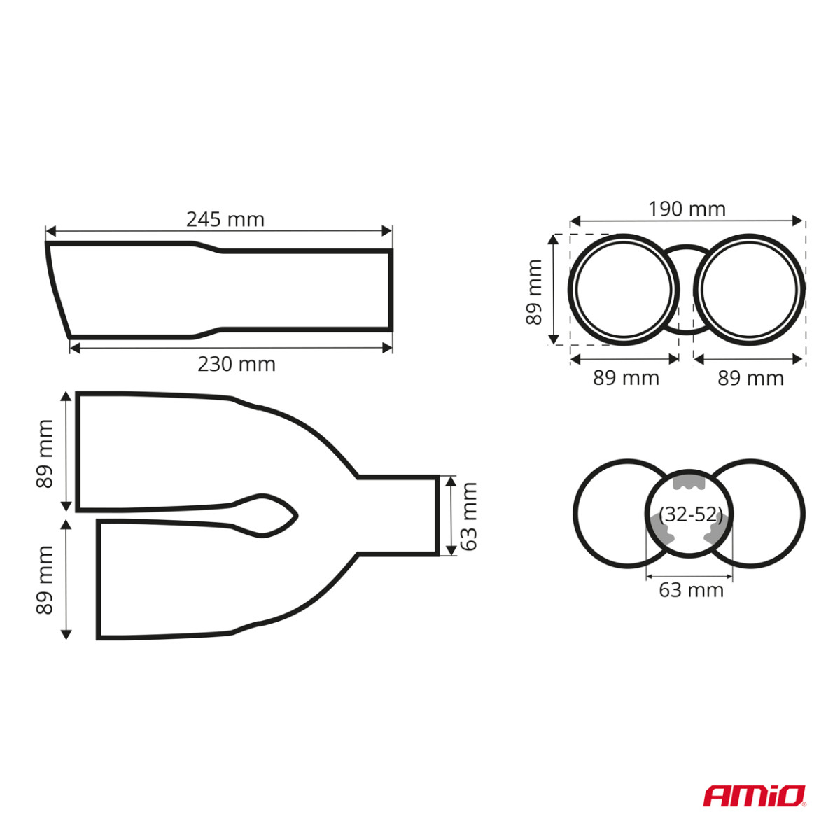 Summuti ots 32–52 mm, roostevaba teras, süsinikkiust, topelt, parem, AMiO‑04070