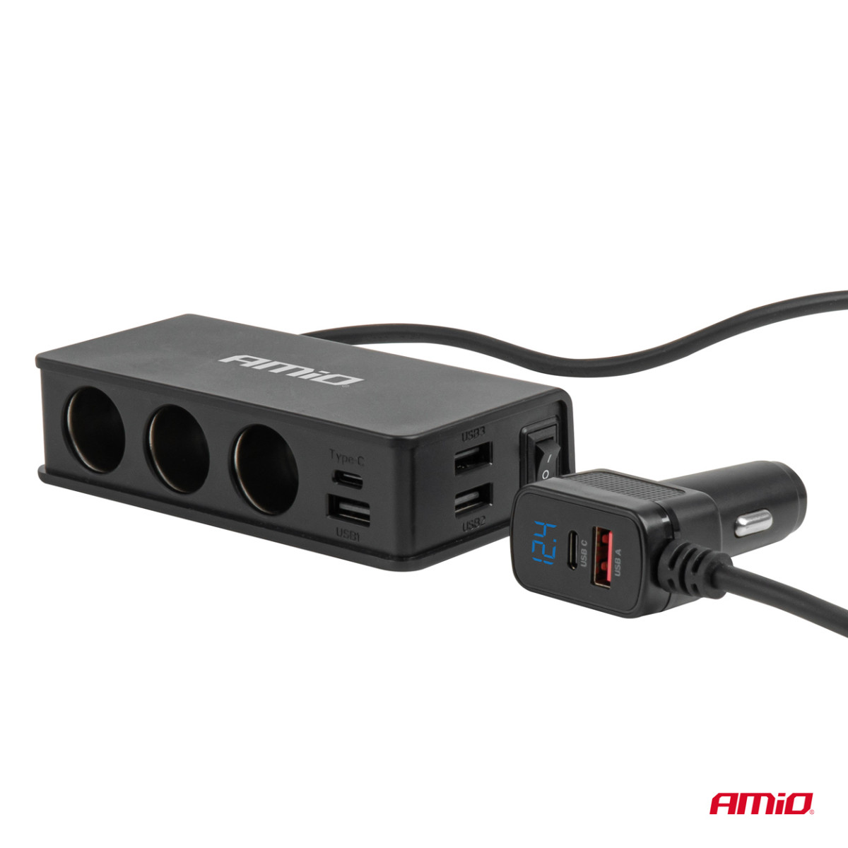 Pistikupesa jaotur 12/24V koos 3x USB-A, USB-C, QC3.0, PD3.0 148W AMIO-04836