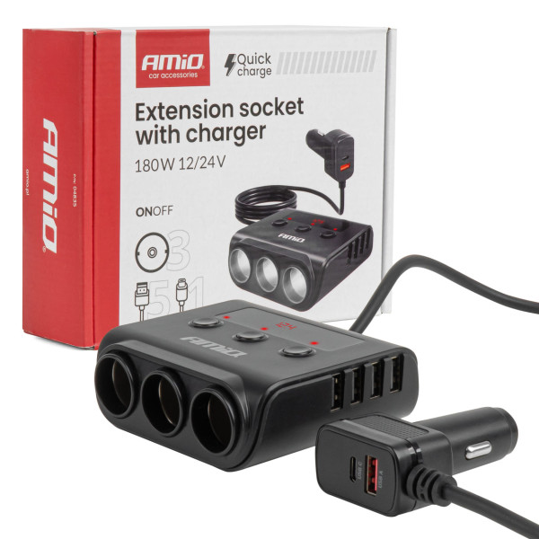 Pistikupesa jaotur 12/24V koos 4x USB-A QC3.0 PD3.0 180W AMIO-04835