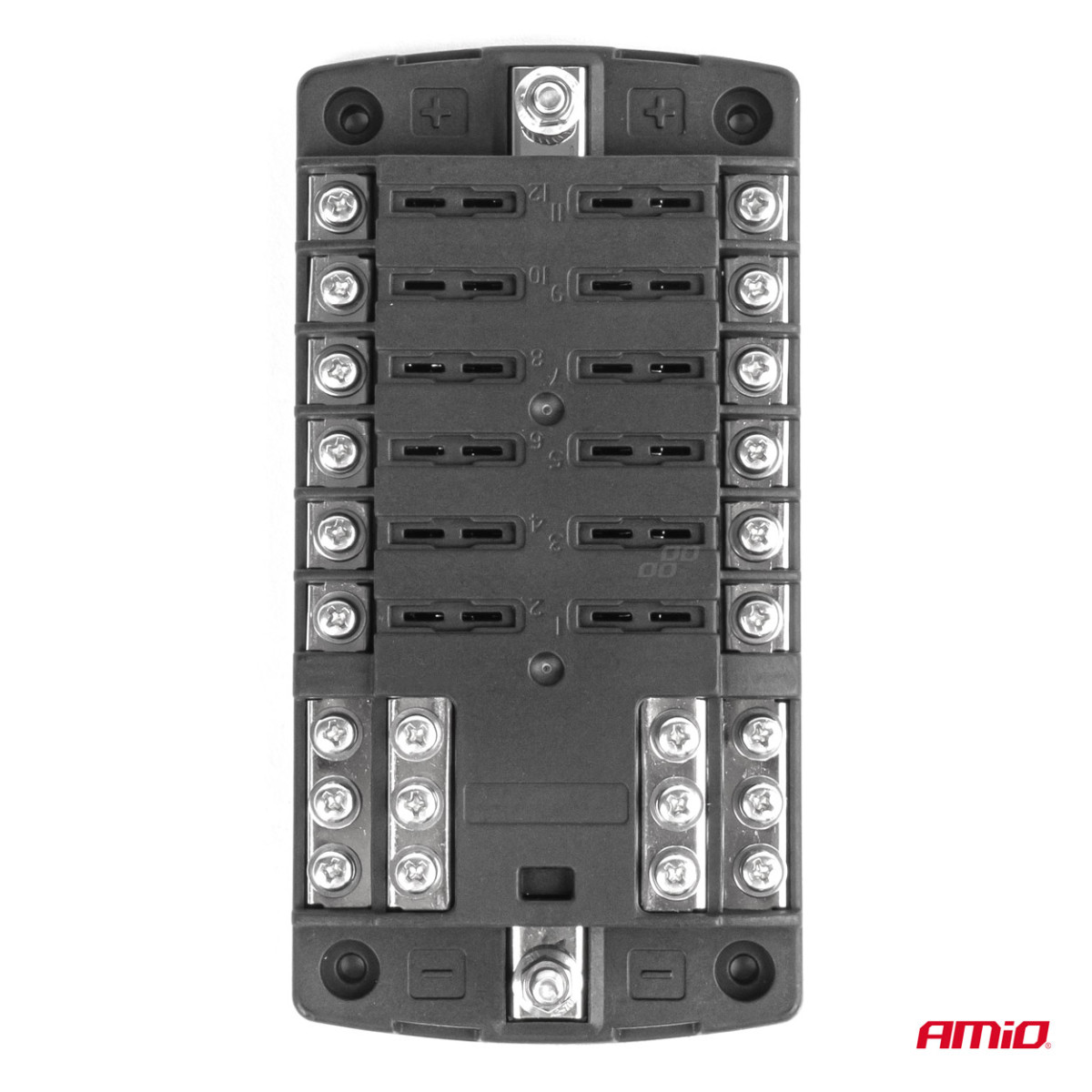 Kaitsmekarp, 12 pistikupesa kruvikontaktide ja negatiivse klemmiga AMIO-03834