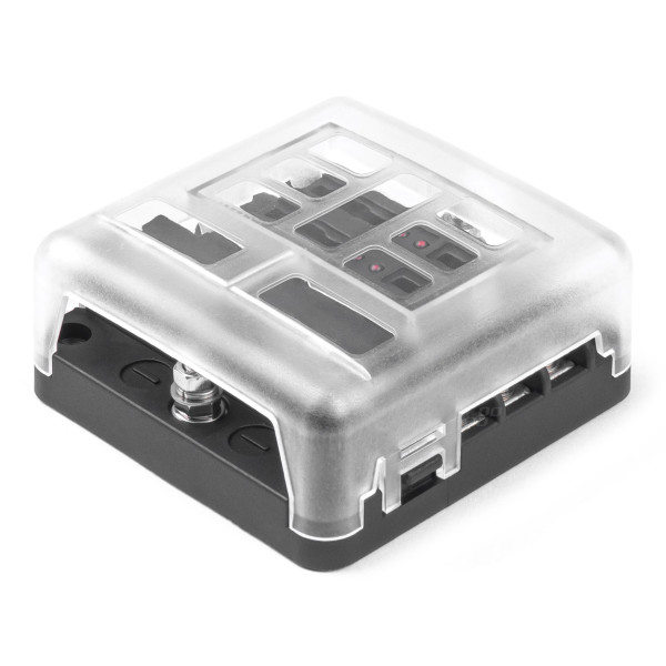 Kaitsmekarp, 6 pistikupesa LED-tule ja negatiivse klemmiga AMIO-03038