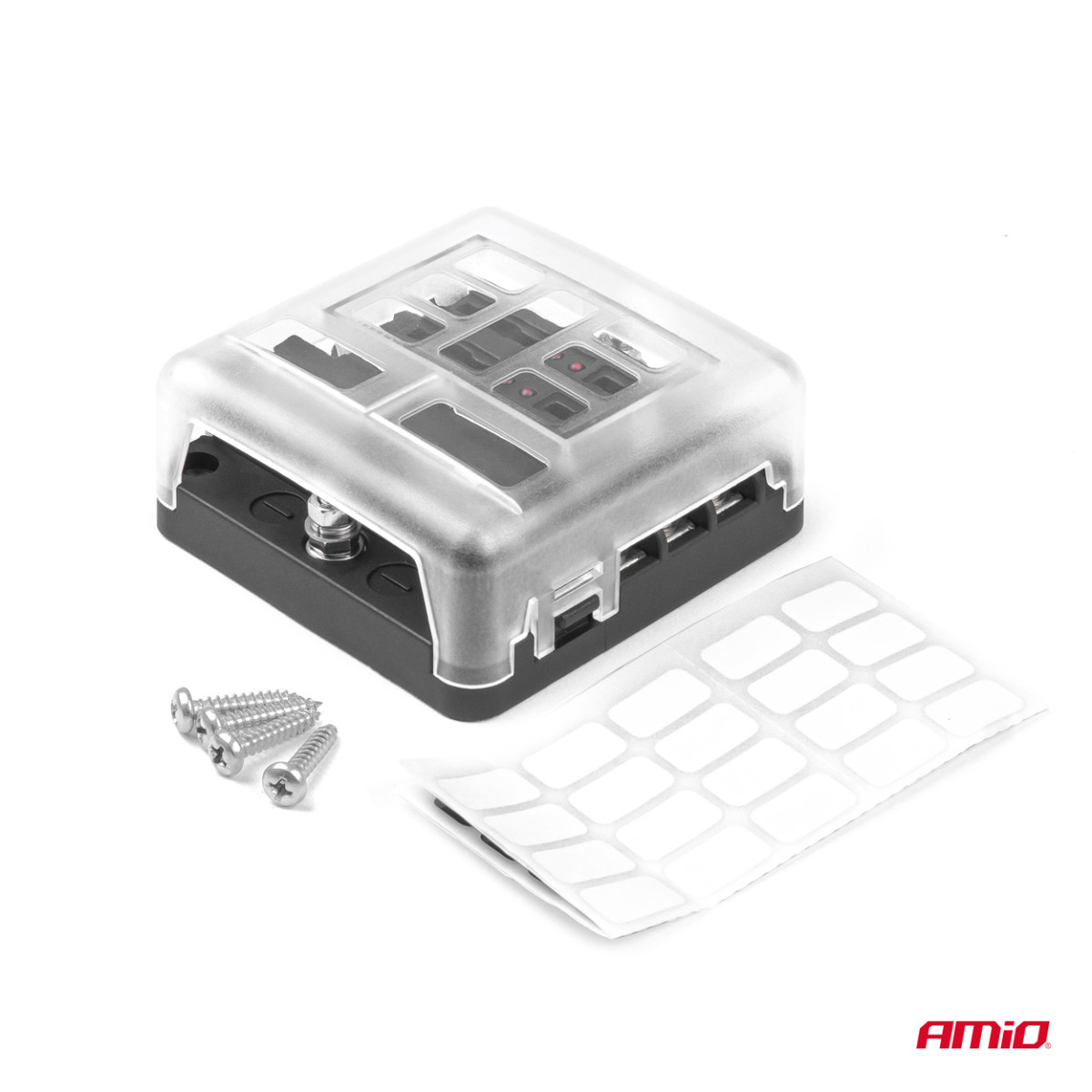 Kaitsmekarp, 6 pistikupesa LED-tule ja negatiivse klemmiga AMIO-03038