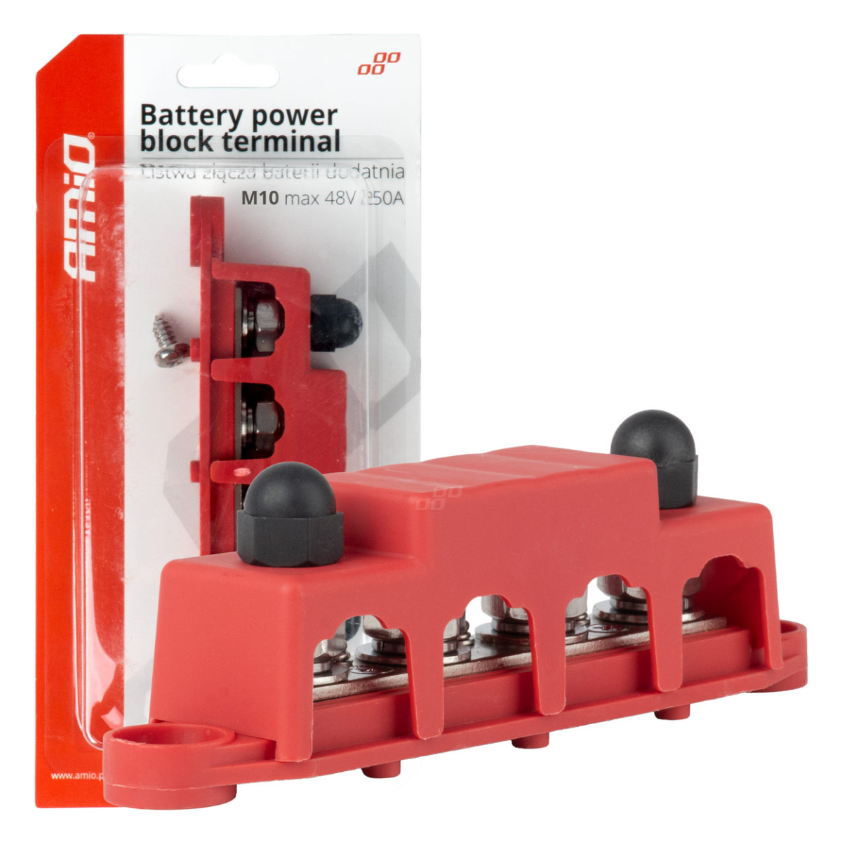 Positiivse poolusega jaotusplokk 4 M10 poldiga, siinilatt 12/24/48V 250A, AMIO-03812