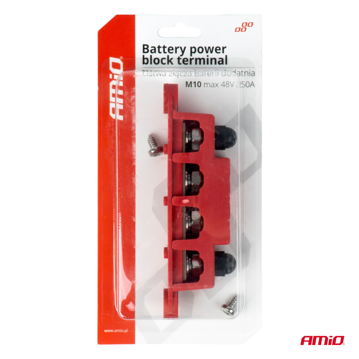 Positiivse poolusega jaotusplokk 4 M10 poldiga, siinilatt 12/24/48V 250A, AMIO-03812