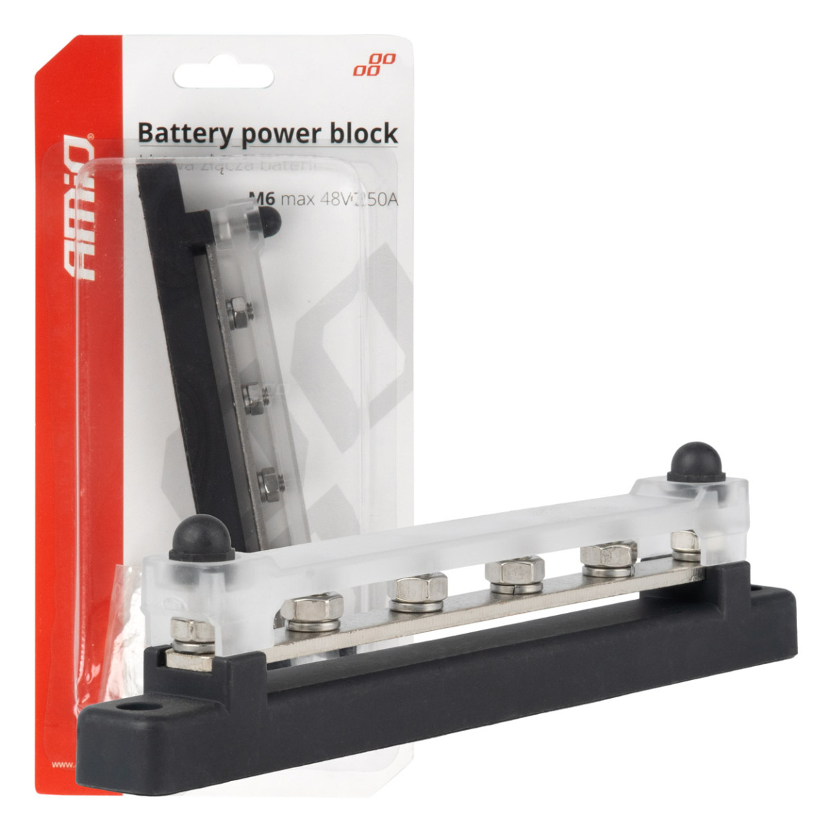 Negatiivse poolusega jaotusplokk 4 M6 kruviga, siinilatt 12/24/48V 150A, AMIO-03808