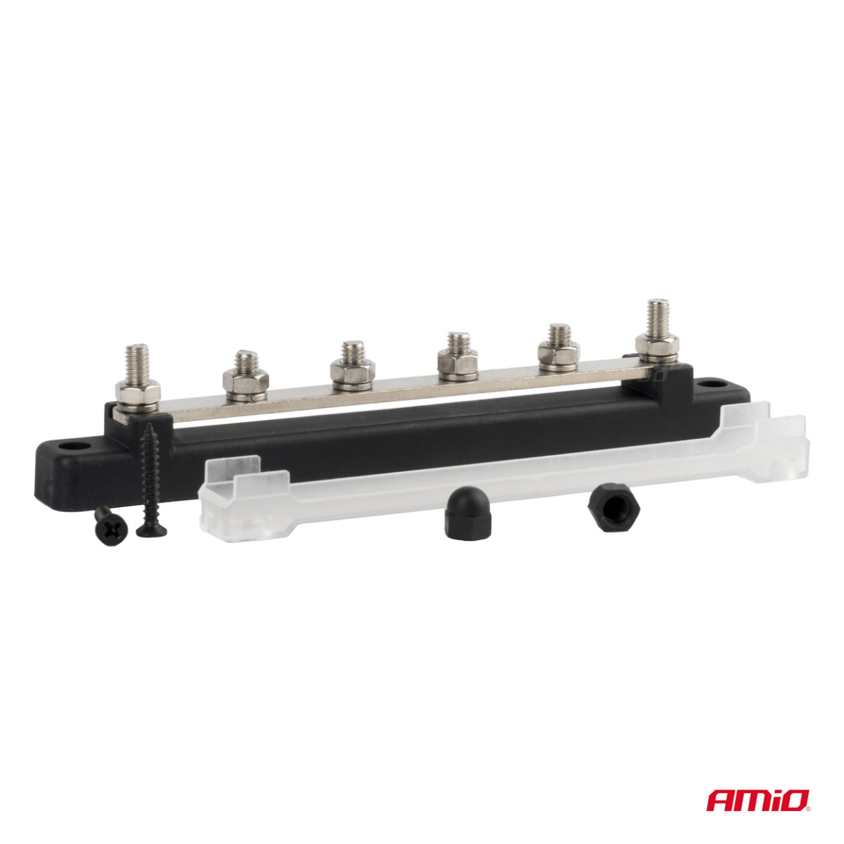 Negatiivse poolusega jaotusplokk 4 M6 kruviga, siinilatt 12/24/48V 150A, AMIO-03808