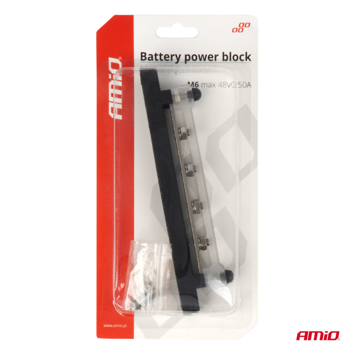 Negatiivse poolusega jaotusplokk 4 M6 kruviga, siinilatt 12/24/48V 150A, AMIO-03808